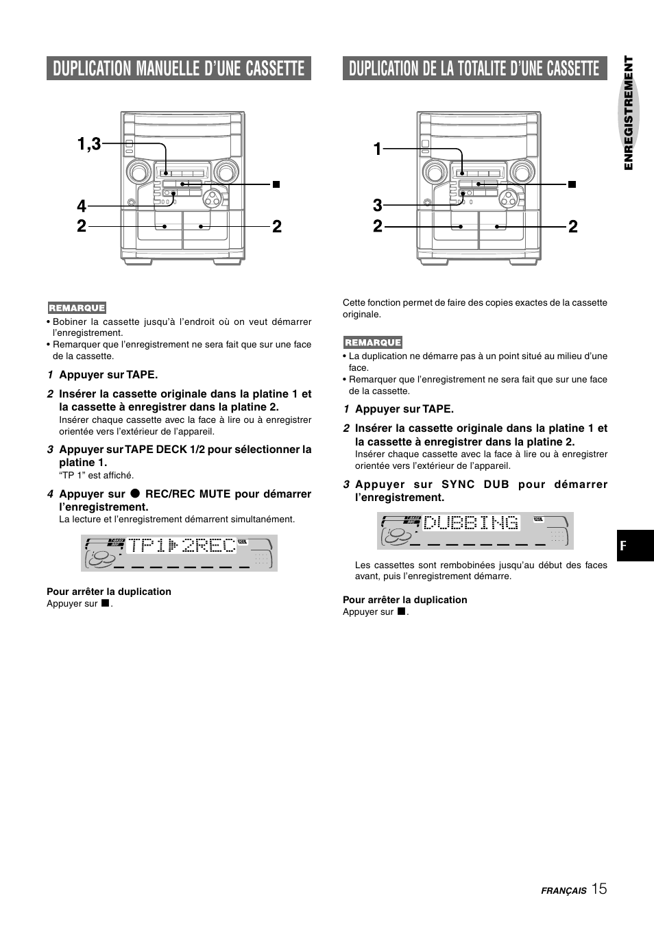 Duplication manuelle d’une cassette, Duplication de la totalite d’une cassette | Aiwa CX-NAJ54 User Manual | Page 60 / 68