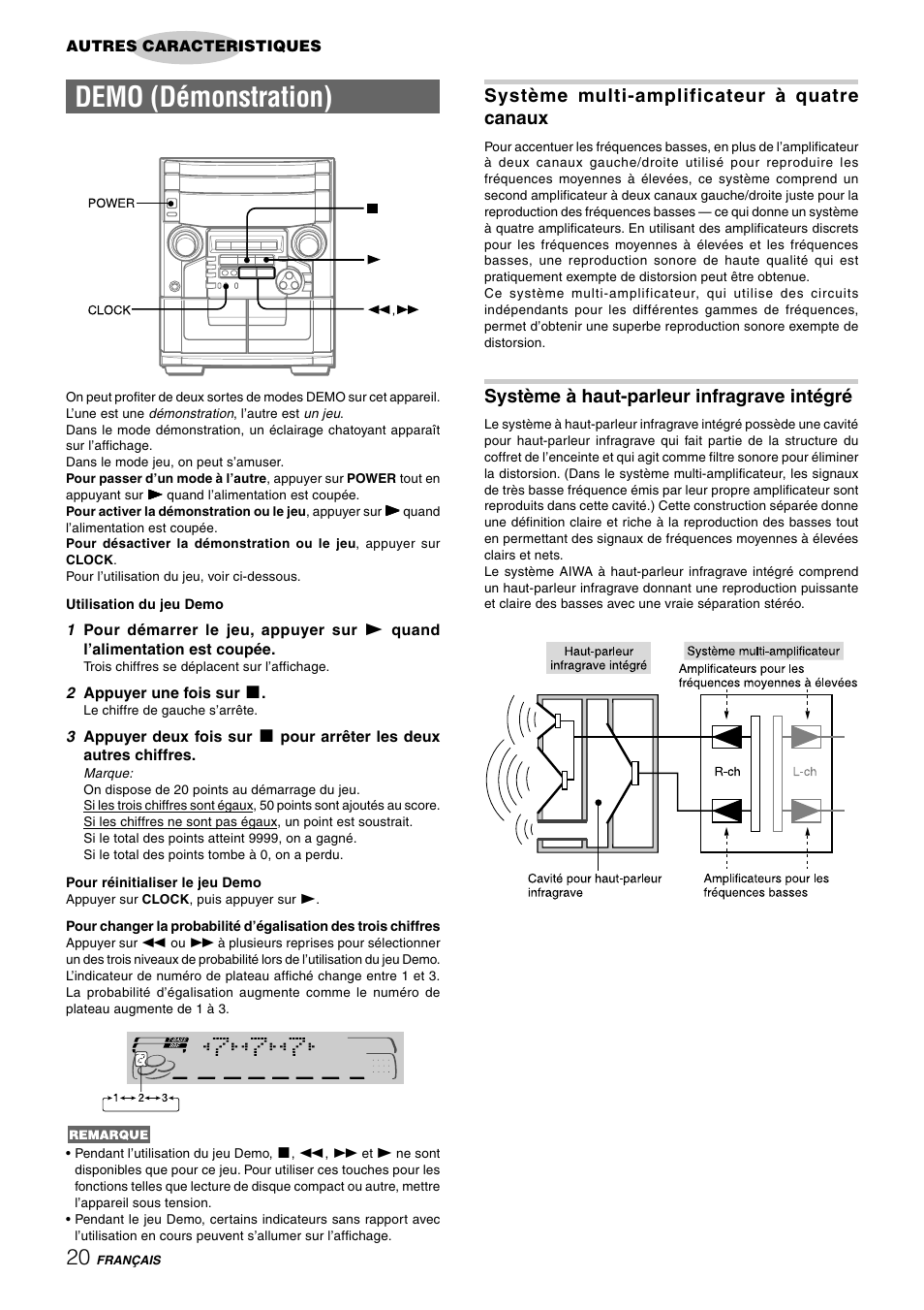 Demo (démonstration), Système multi-amplificateur à quatre canaux, Système à haut-parleur infragrave intégré | Aiwa CX-NAJ54 User Manual | Page 65 / 68