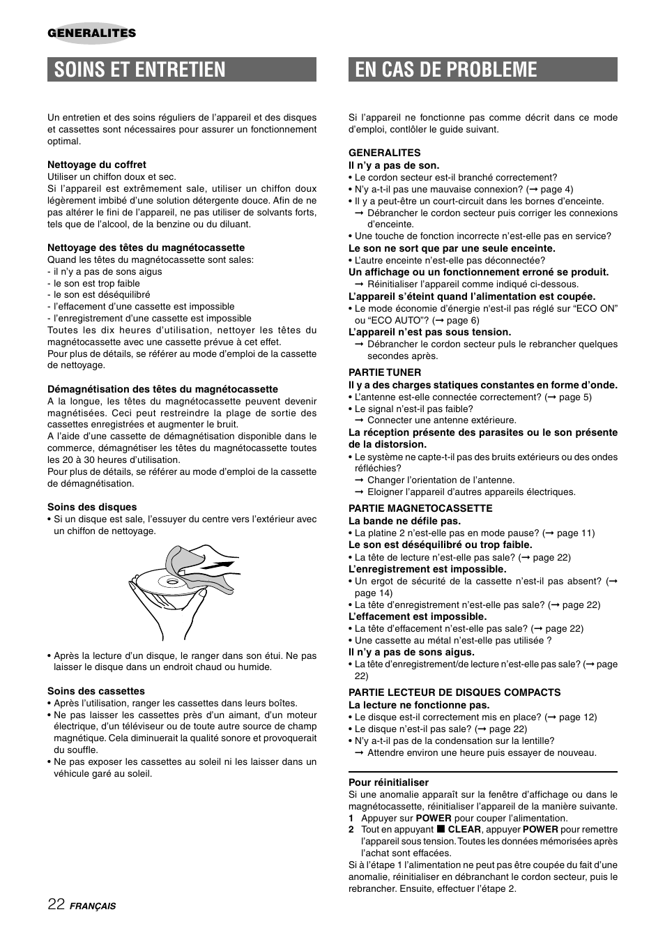 Soins et entretien, En cas de probleme | Aiwa CX-NAJ54 User Manual | Page 67 / 68