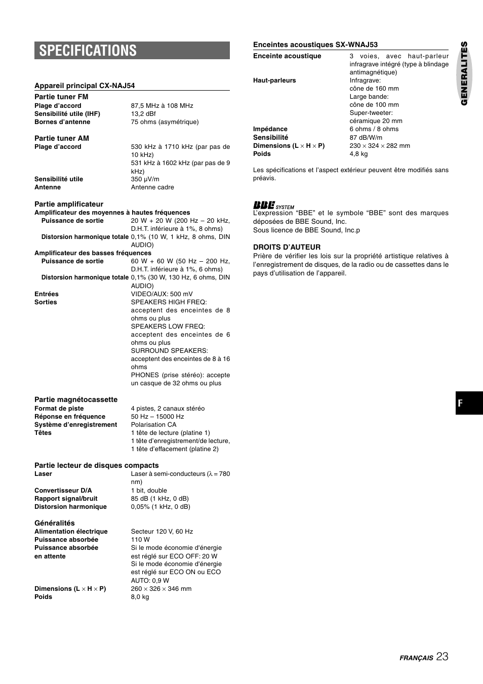 Specifications | Aiwa CX-NAJ54 User Manual | Page 68 / 68