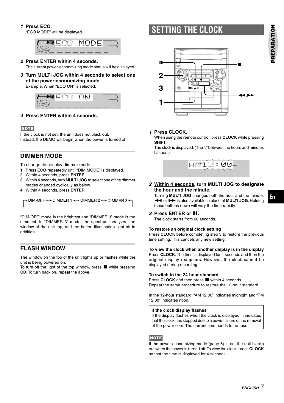 Setting the clock, Dimmer mode, Flash window | Aiwa CX-NAJ54 User Manual | Page 7 / 68