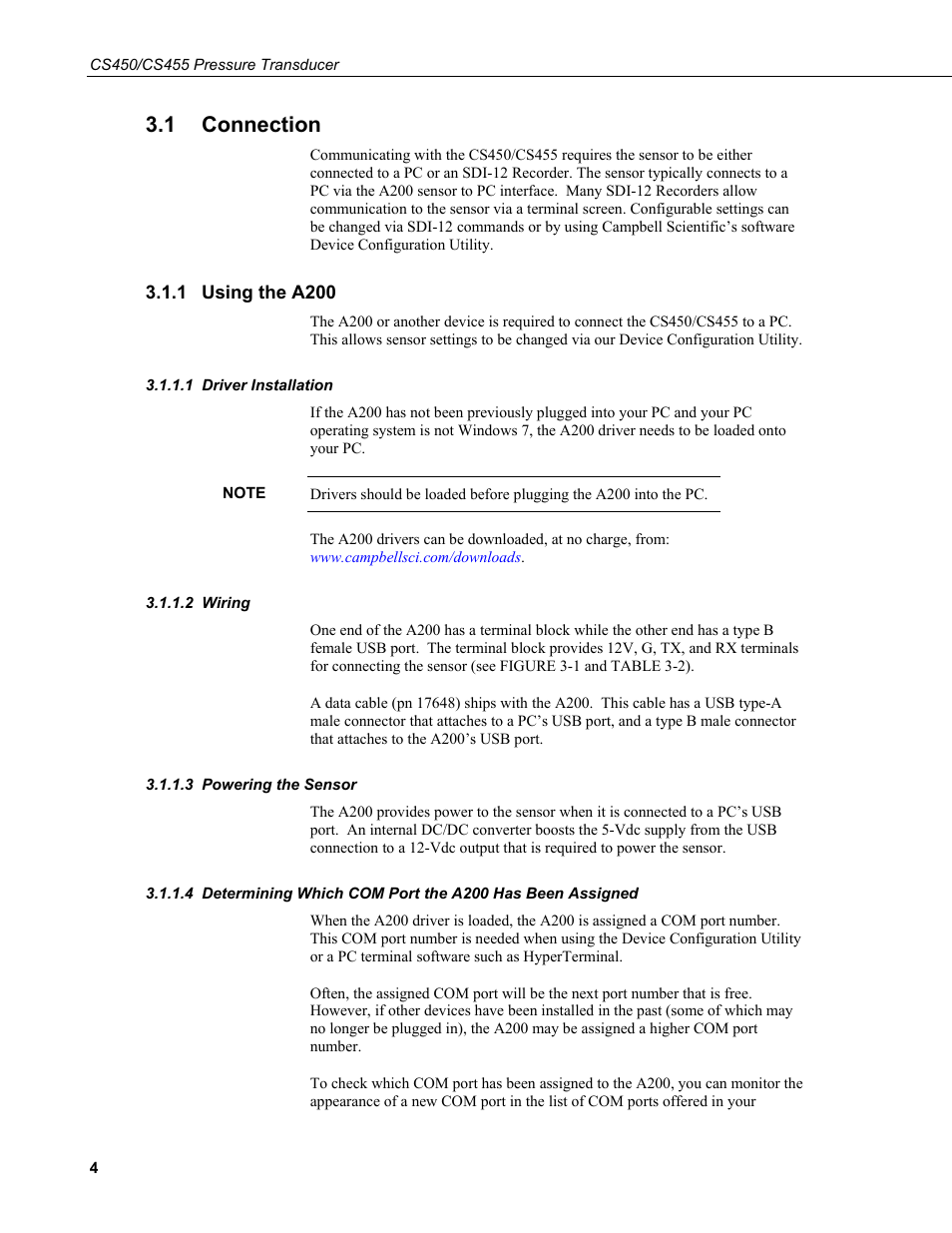 1 connection, 1 using the a200, 1 driver installation | 2 wiring, 3 powering the sensor, Connection, Using the a200, Driver installation, Wiring, Powering the sensor | Campbell Scientific CS450/CS455 Pressure Transducer User Manual | Page 10 / 34