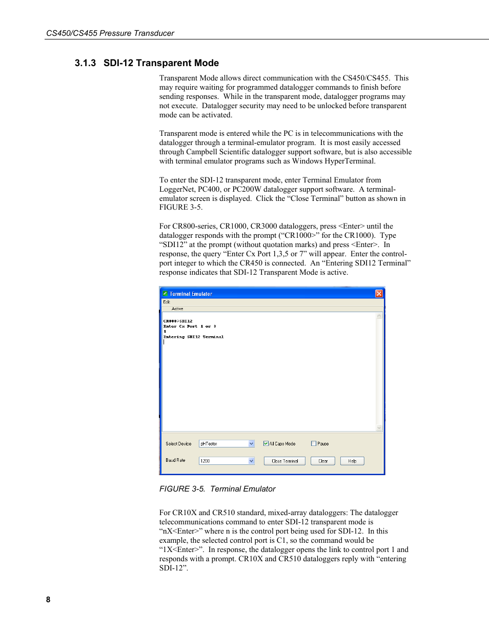 3 sdi-12 transparent mode, Sdi-12 transparent mode, 5. terminal | Emulator | Campbell Scientific CS450/CS455 Pressure Transducer User Manual | Page 14 / 34