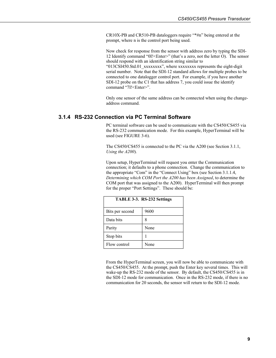 4 rs-232 connection via pc terminal software, Rs-232 connection via pc terminal software, 3. rs-232 settings | Campbell Scientific CS450/CS455 Pressure Transducer User Manual | Page 15 / 34