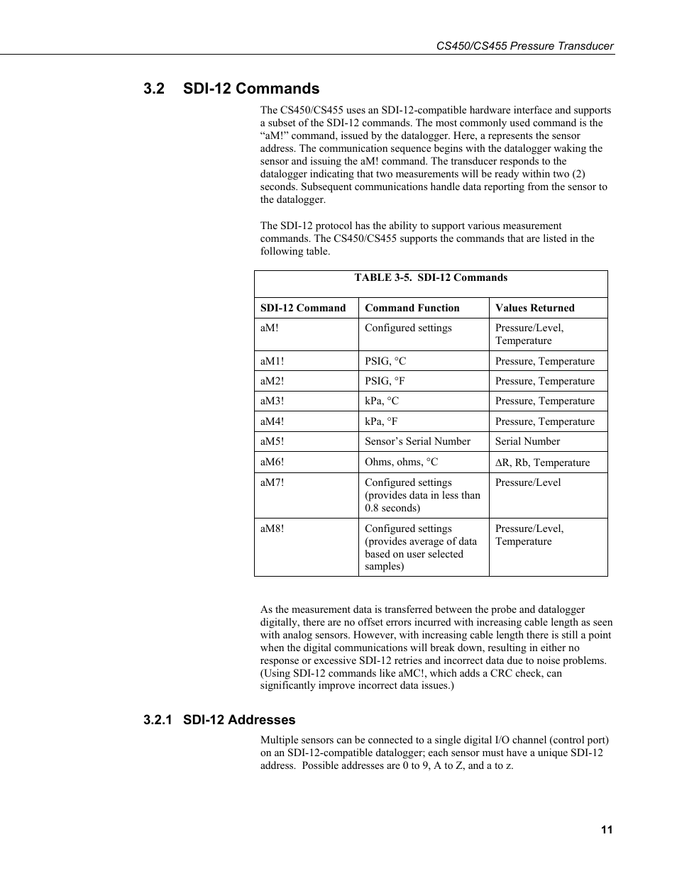 2 sdi-12 commands, 1 sdi-12 addresses, Sdi-12 commands | Sdi-12 addresses, 5. sdi-12, Commands | Campbell Scientific CS450/CS455 Pressure Transducer User Manual | Page 17 / 34