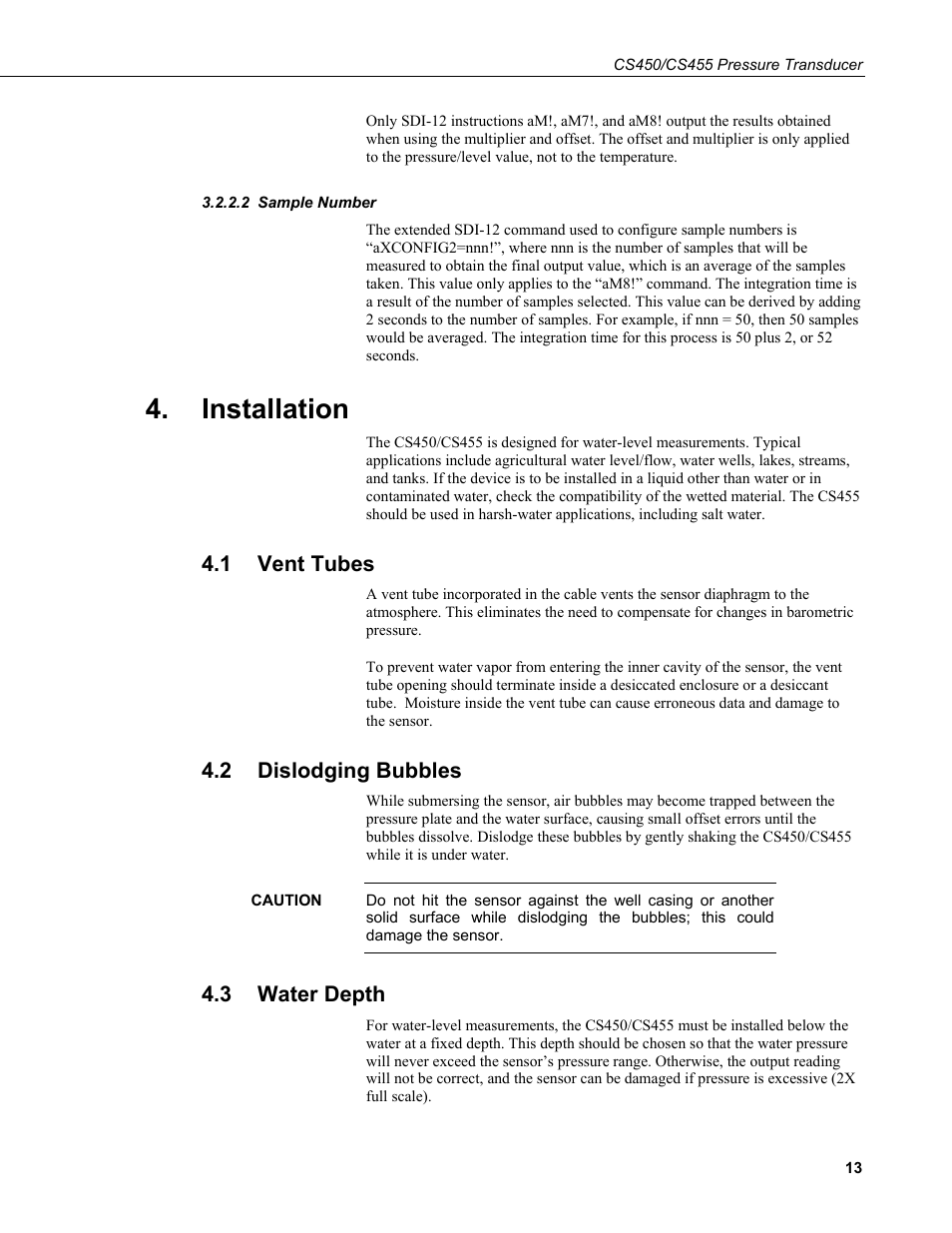 2 sample number, Installation, 1 vent tubes | 2 dislodging bubbles, 3 water depth, Sample number, Vent tubes, Dislodging bubbles, Water depth | Campbell Scientific CS450/CS455 Pressure Transducer User Manual | Page 19 / 34