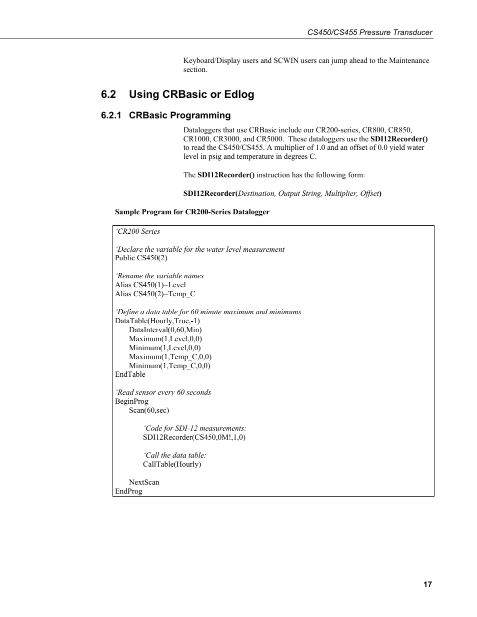 2 using crbasic or edlog, 1 crbasic programming, Using crbasic or edlog | Crbasic programming | Campbell Scientific CS450/CS455 Pressure Transducer User Manual | Page 23 / 34