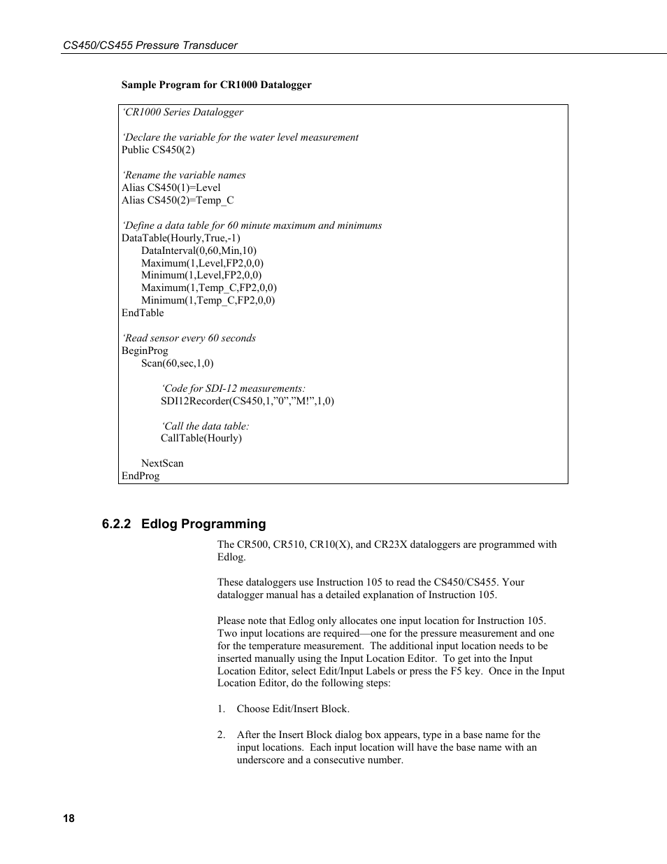 2 edlog programming, Edlog programming | Campbell Scientific CS450/CS455 Pressure Transducer User Manual | Page 24 / 34