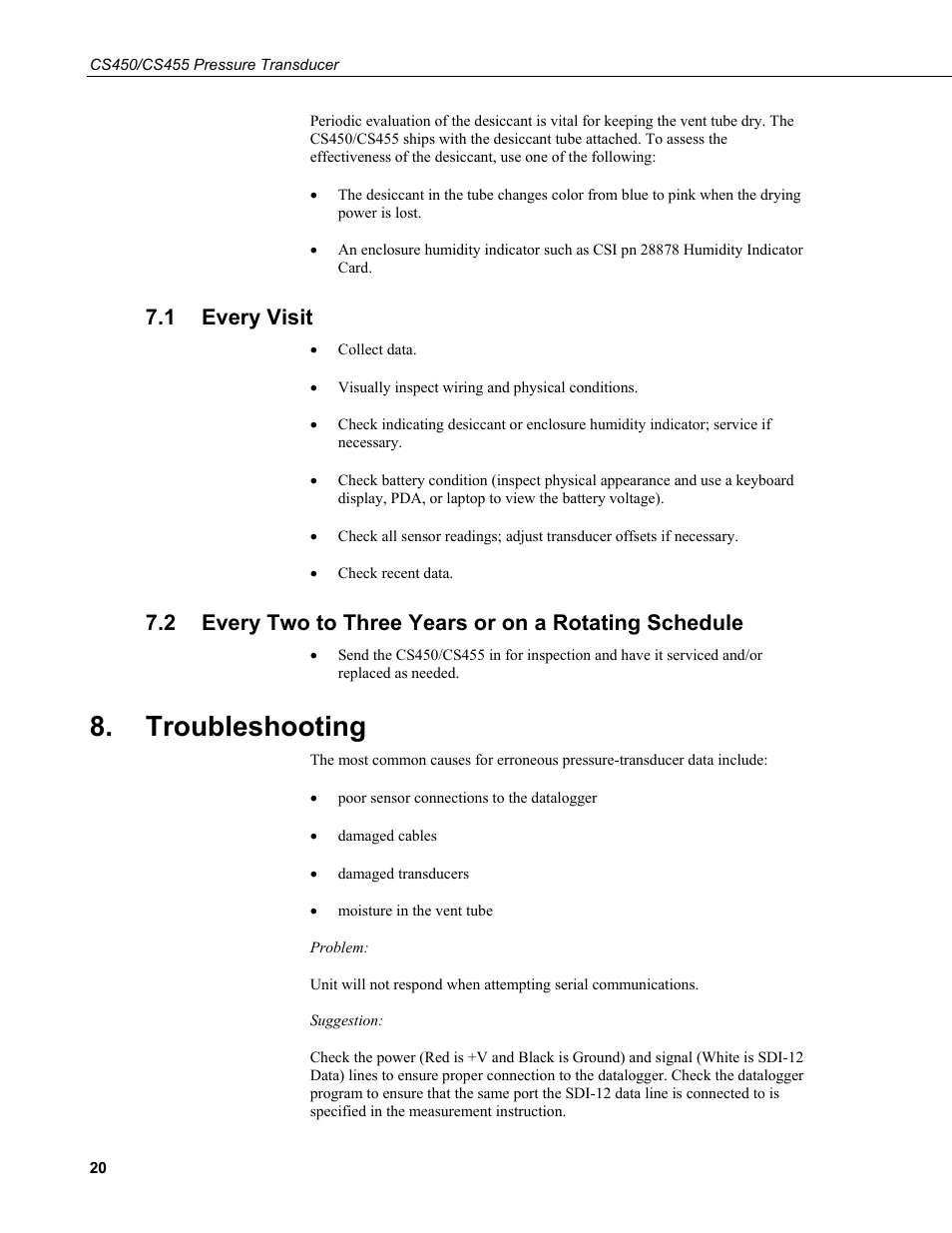 1 every visit, Troubleshooting, Every visit | Every two to three years or on a rotating schedule | Campbell Scientific CS450/CS455 Pressure Transducer User Manual | Page 26 / 34