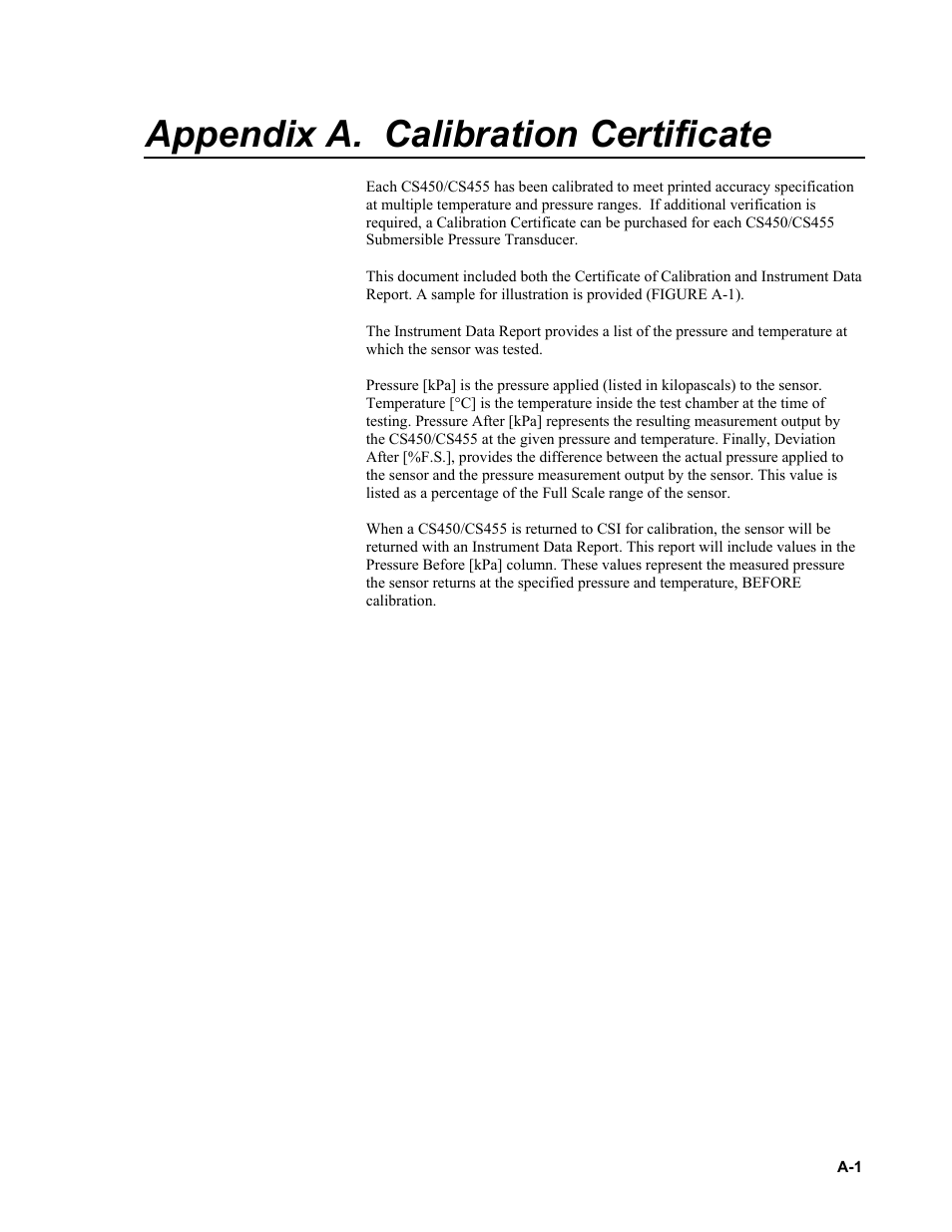 Appendix a. calibration certificate | Campbell Scientific CS450/CS455 Pressure Transducer User Manual | Page 29 / 34