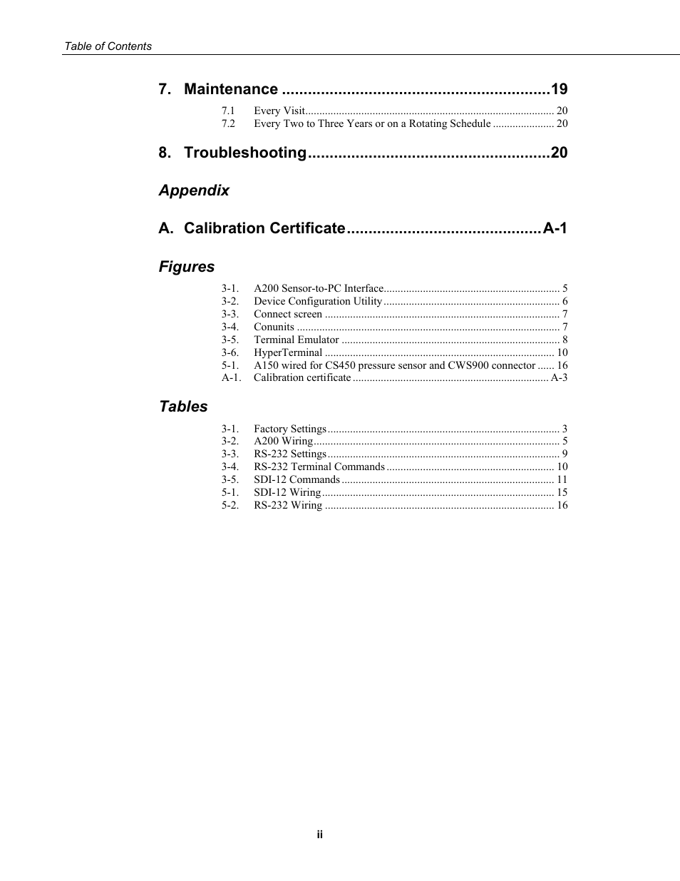 Maintenance, Troubleshooting, Appendix a | Figures, Tables | Campbell Scientific CS450/CS455 Pressure Transducer User Manual | Page 6 / 34