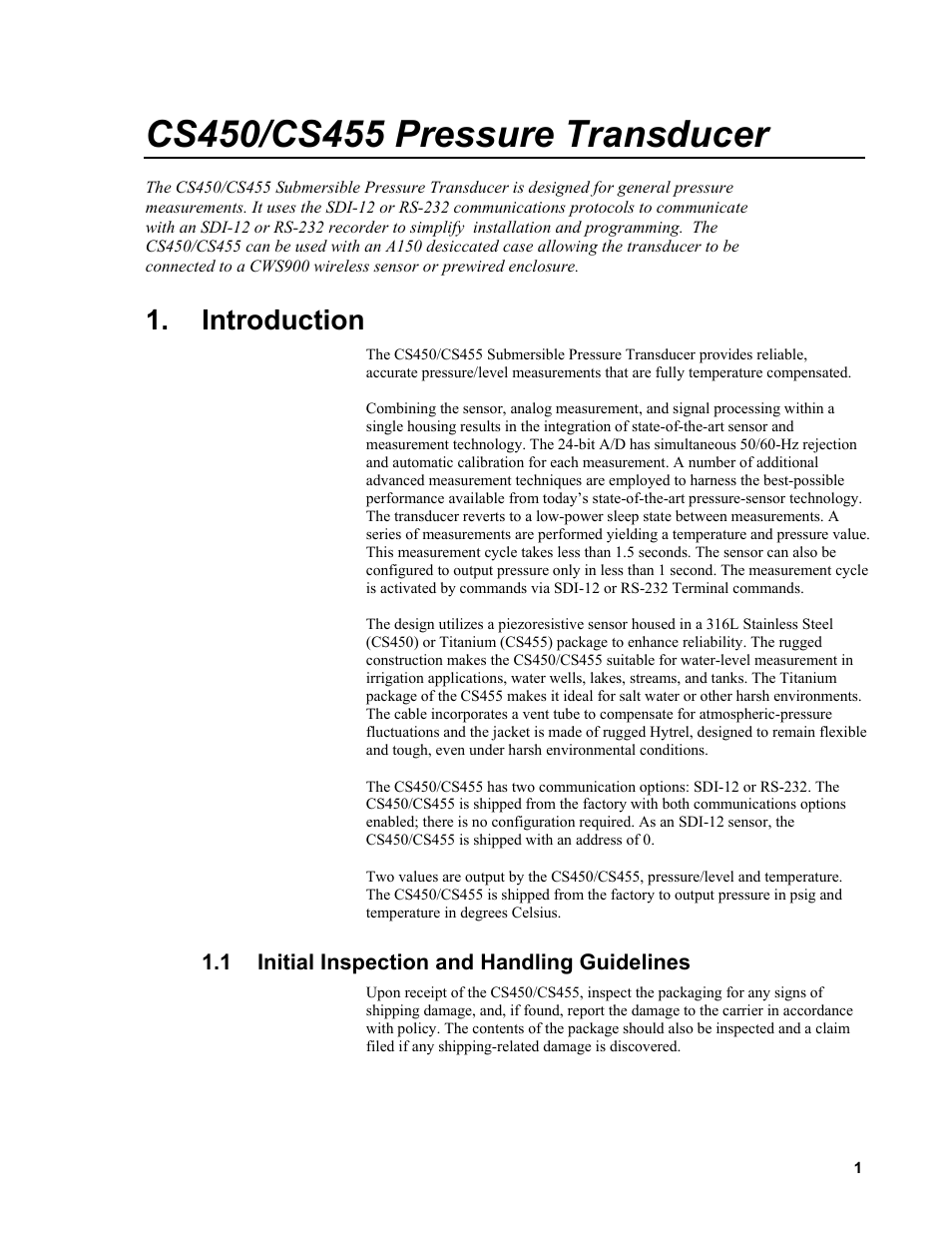 Introduction, 1 initial inspection and handling guidelines, Initial inspection and handling guidelines | Campbell Scientific CS450/CS455 Pressure Transducer User Manual | Page 7 / 34