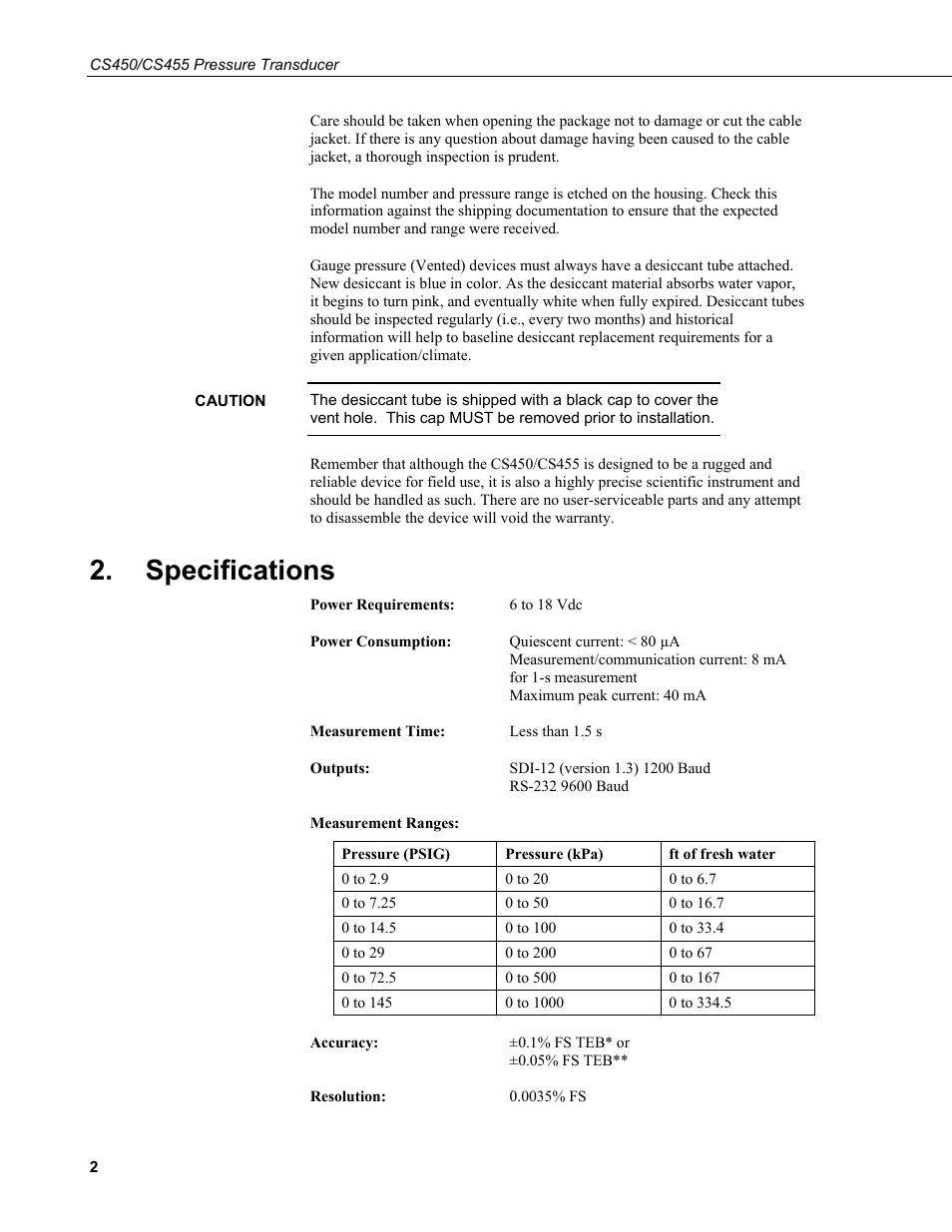 Specifications | Campbell Scientific CS450/CS455 Pressure Transducer User Manual | Page 8 / 34