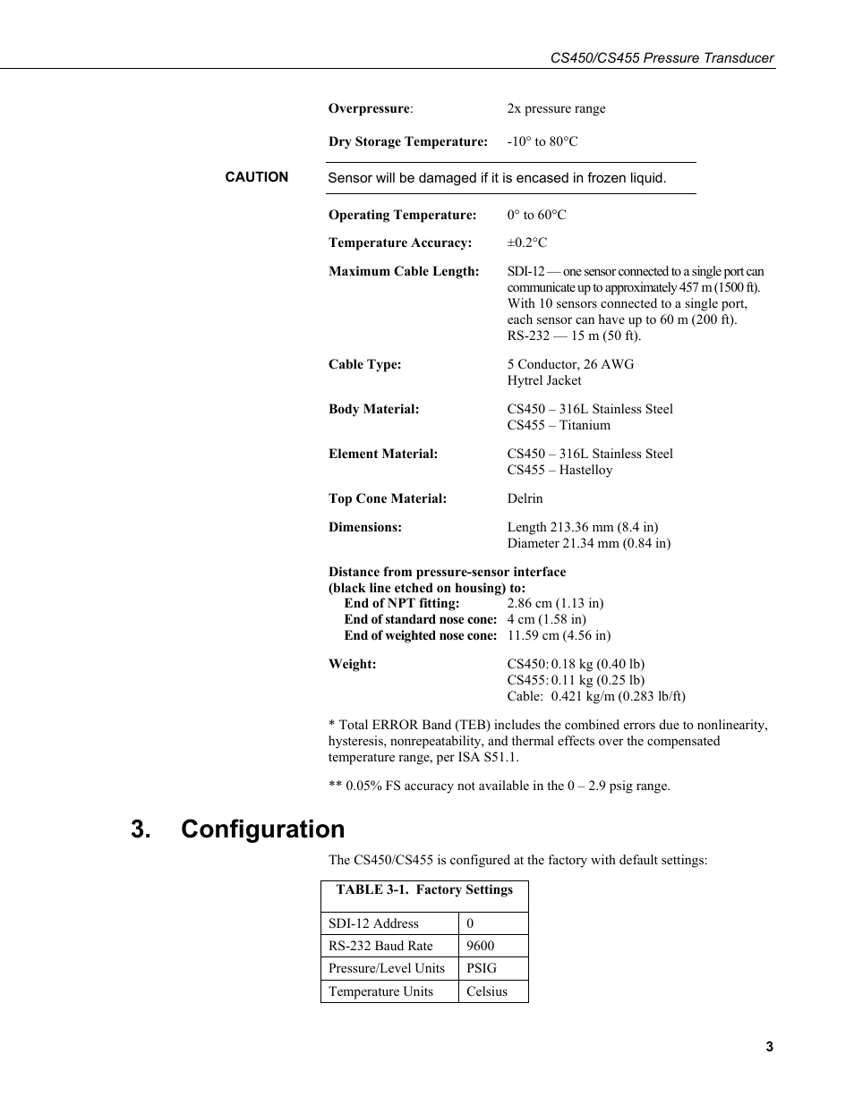 Configuration, 1. factory settings | Campbell Scientific CS450/CS455 Pressure Transducer User Manual | Page 9 / 34