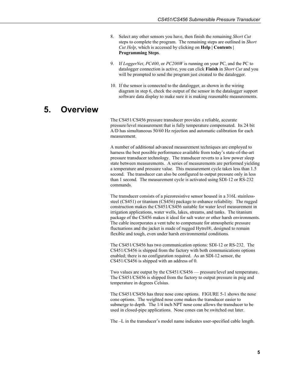 Overview | Campbell Scientific CS451/CS456 Pressure Transducer User Manual | Page 15 / 48