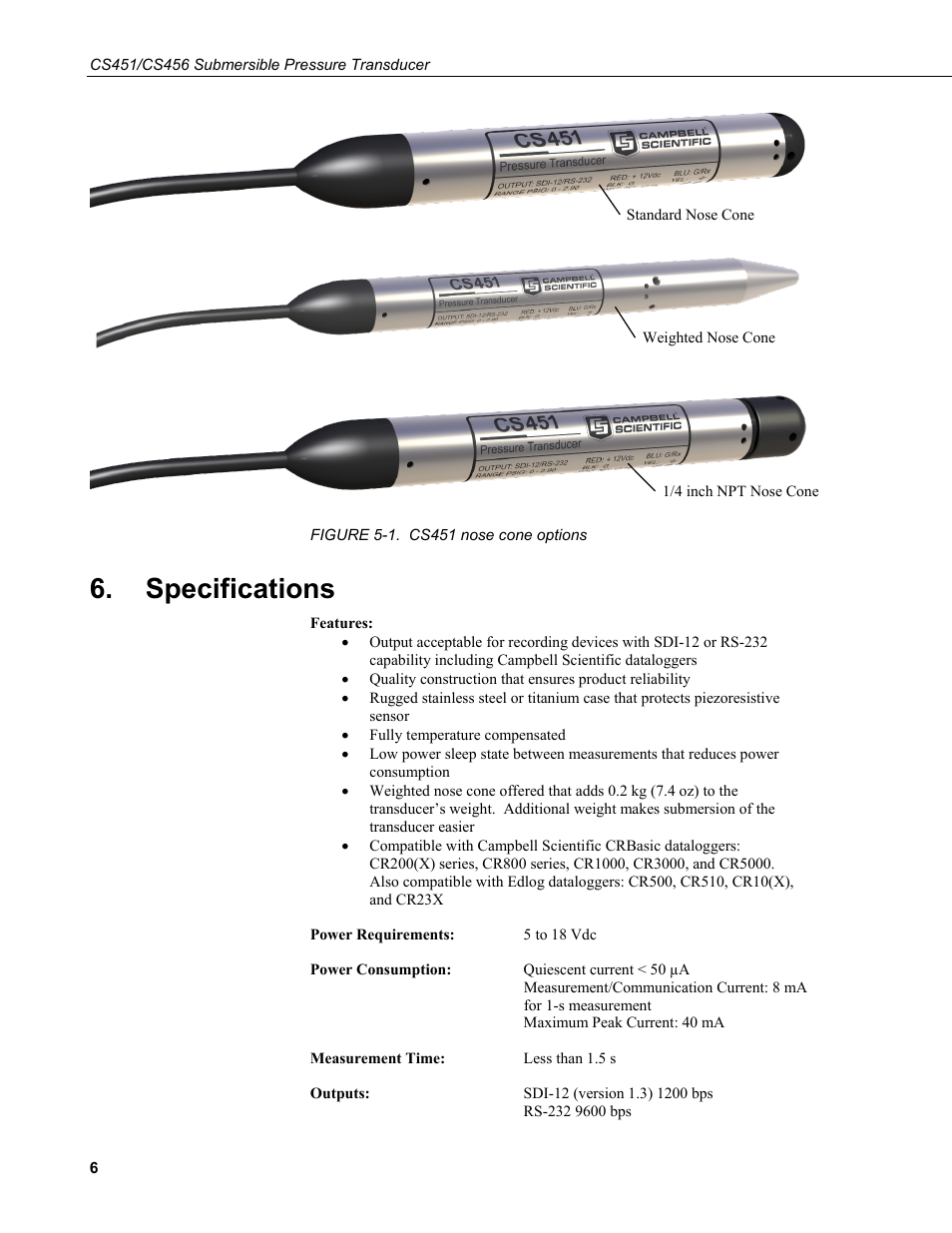 Specifications, 1. cs451 nose cone options | Campbell Scientific CS451/CS456 Pressure Transducer User Manual | Page 16 / 48