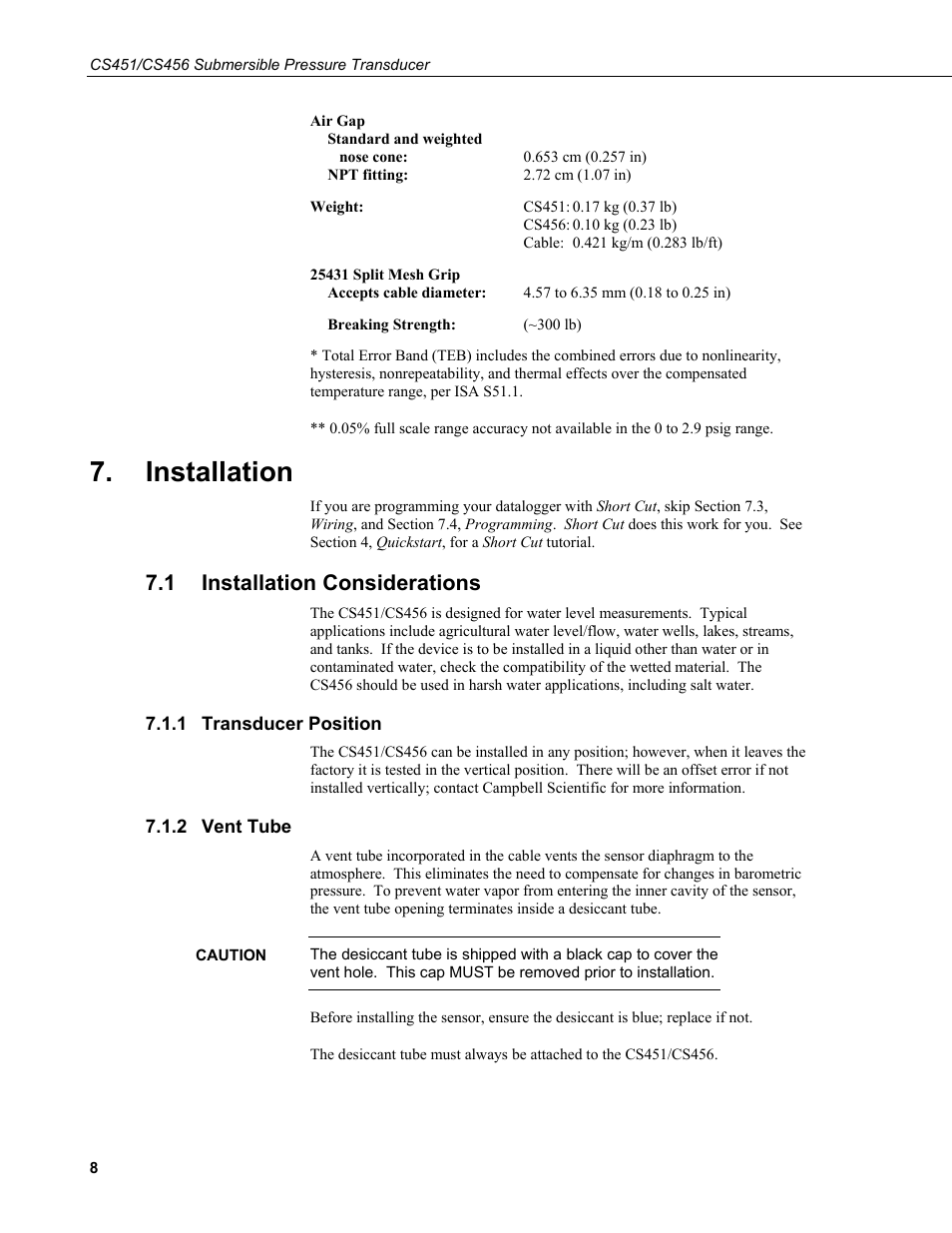 Installation, 1 installation considerations, 1 transducer position | 2 vent tube, Installation considerations, Transducer position, Vent tube | Campbell Scientific CS451/CS456 Pressure Transducer User Manual | Page 18 / 48