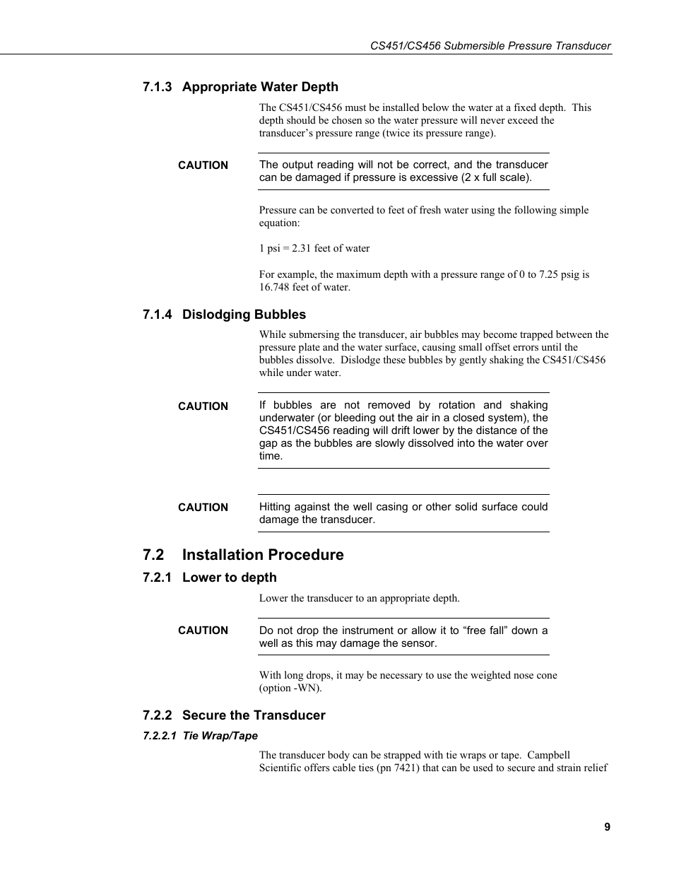 3 appropriate water depth, 4 dislodging bubbles, 2 installation procedure | 1 lower to depth, 2 secure the transducer, 1 tie wrap/tape, Appropriate water depth, Dislodging bubbles, Installation procedure, Lower to depth | Campbell Scientific CS451/CS456 Pressure Transducer User Manual | Page 19 / 48