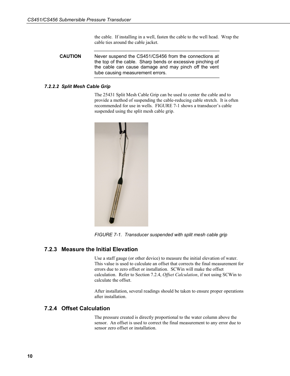 2 split mesh cable grip, 3 measure the initial elevation, 4 offset calculation | Split mesh cable grip, Measure the initial elevation, Offset calculation, 1. transducer suspended with split mesh cable grip | Campbell Scientific CS451/CS456 Pressure Transducer User Manual | Page 20 / 48