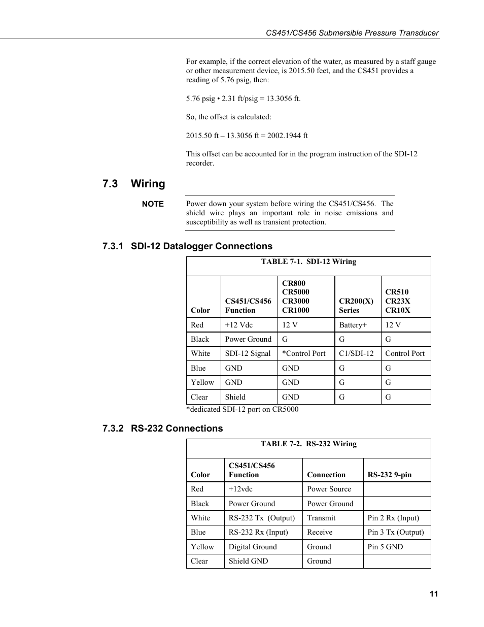 3 wiring, 1 sdi-12 datalogger connections, 2 rs-232 connections | Wiring, Sdi-12 datalogger connections, Rs-232 connections, 1. sdi-12 wiring, 2. rs-232 wiring | Campbell Scientific CS451/CS456 Pressure Transducer User Manual | Page 21 / 48