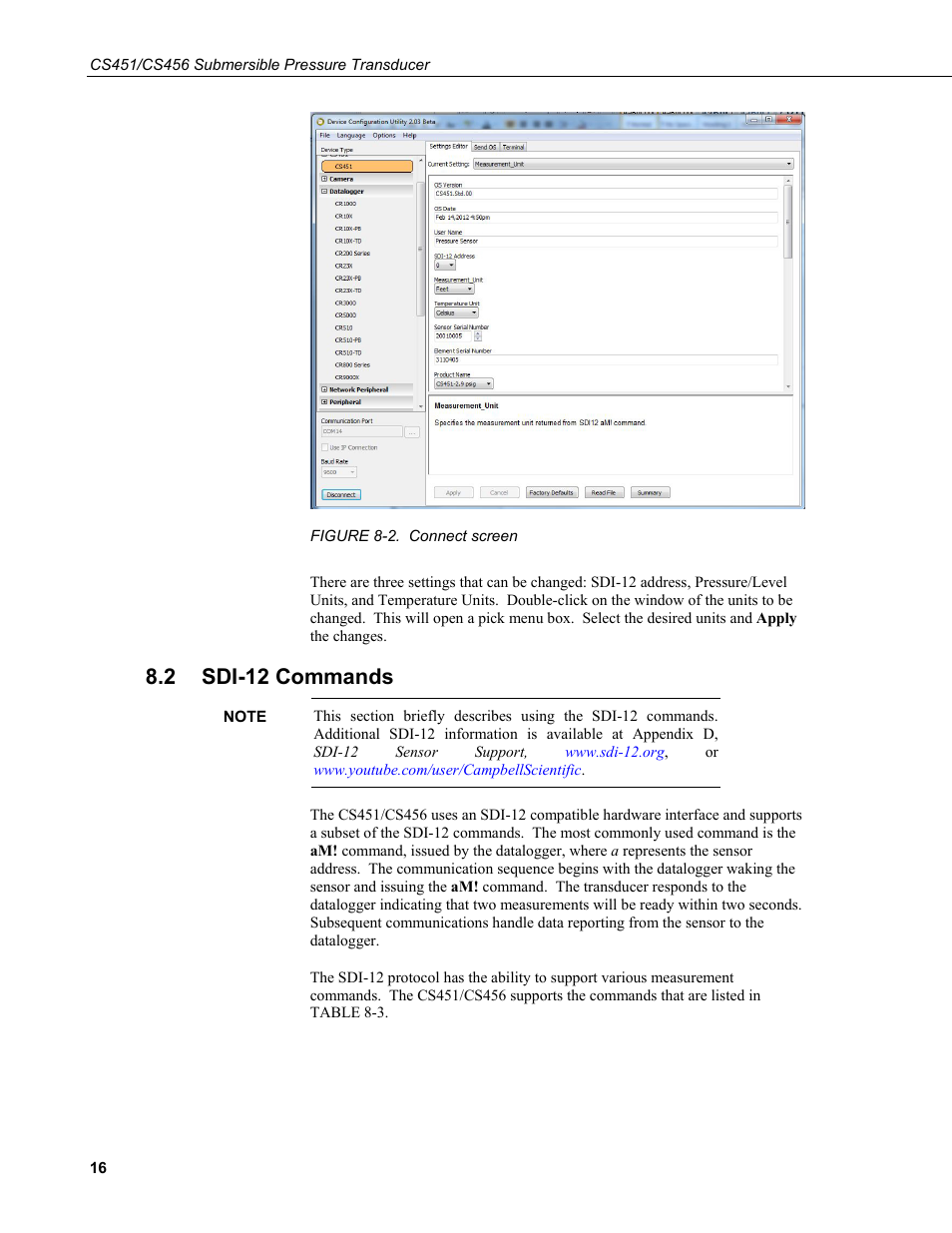 2 sdi-12 commands, Sdi-12 commands, 2. connect screen | Campbell Scientific CS451/CS456 Pressure Transducer User Manual | Page 26 / 48