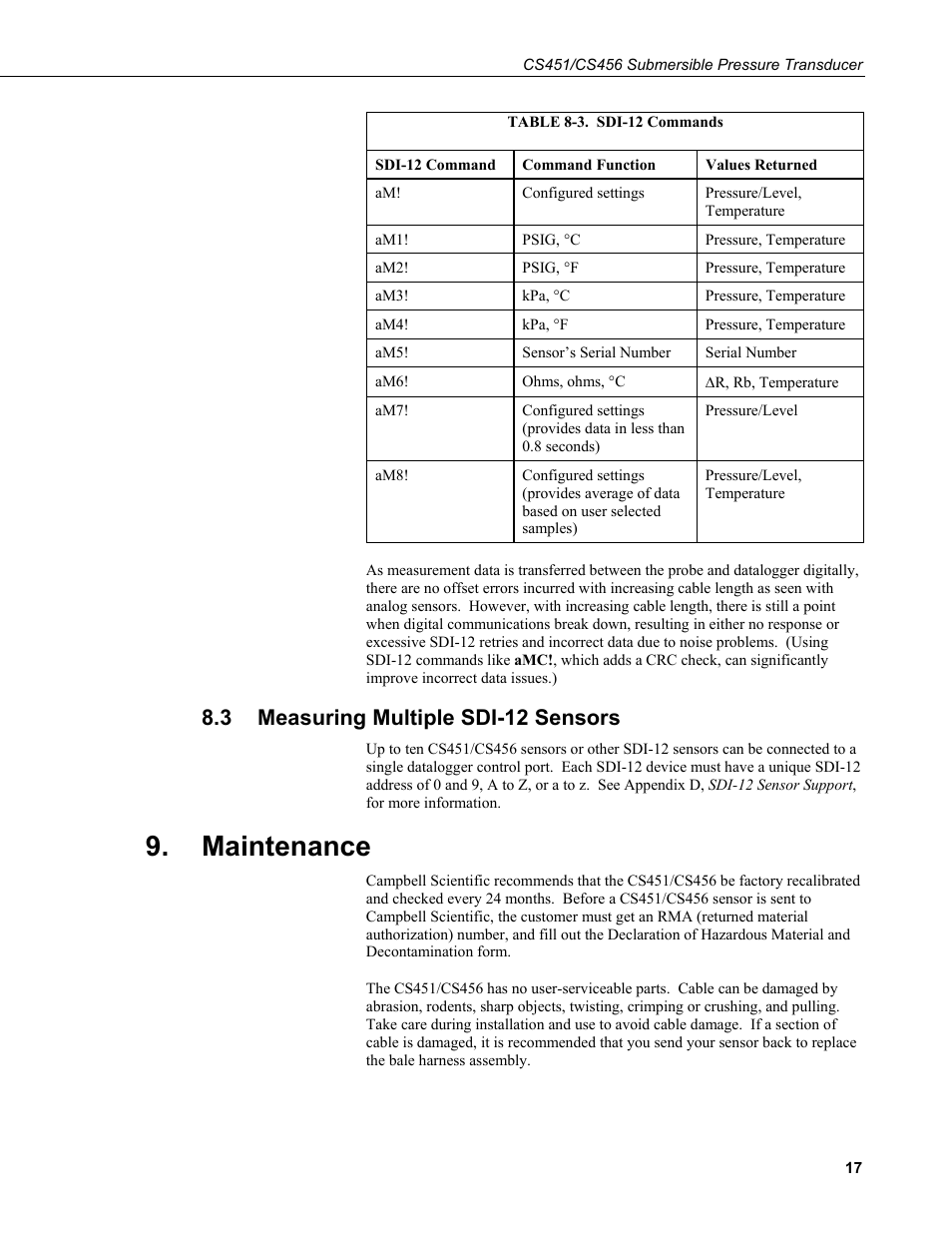 3 measuring multiple sdi-12 sensors, Maintenance, Measuring multiple sdi-12 sensors | 3. sdi-12 commands | Campbell Scientific CS451/CS456 Pressure Transducer User Manual | Page 27 / 48