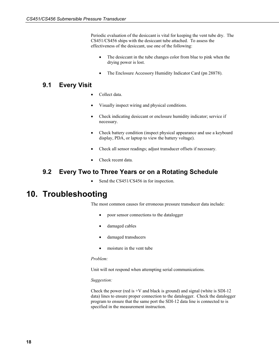 1 every visit, Troubleshooting, Every visit | Every two to three years or on a rotating schedule | Campbell Scientific CS451/CS456 Pressure Transducer User Manual | Page 28 / 48