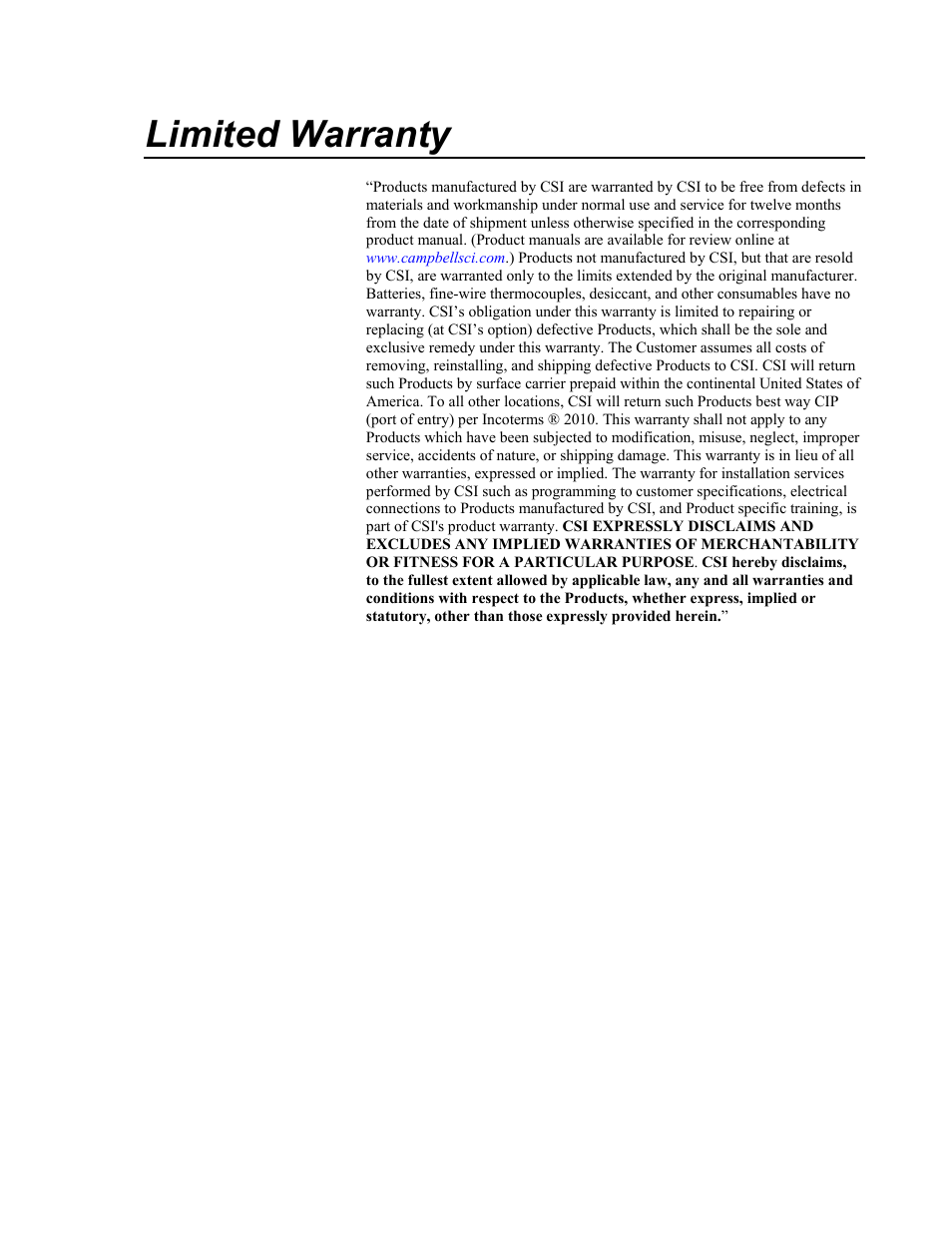 Limited warranty | Campbell Scientific CS451/CS456 Pressure Transducer User Manual | Page 3 / 48