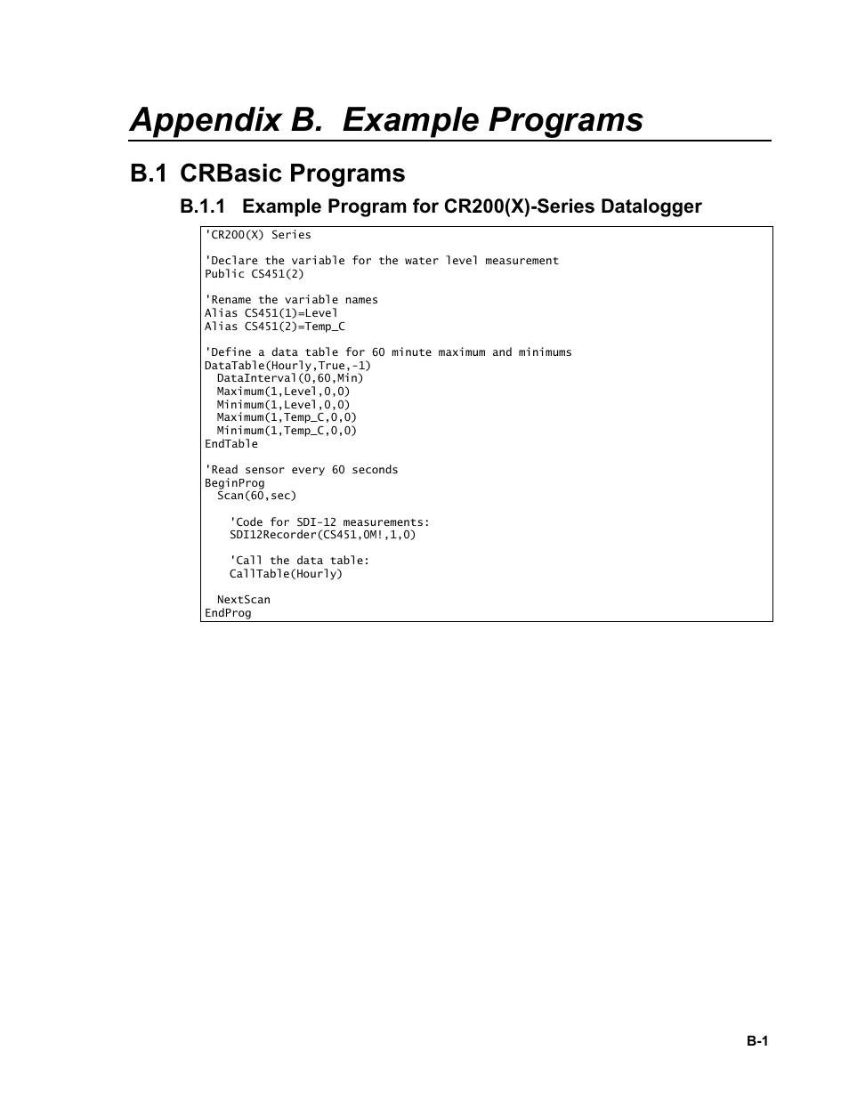 Appendix b. example programs, B.1 crbasic programs, B.1.1 | Appendix b | Campbell Scientific CS451/CS456 Pressure Transducer User Manual | Page 33 / 48
