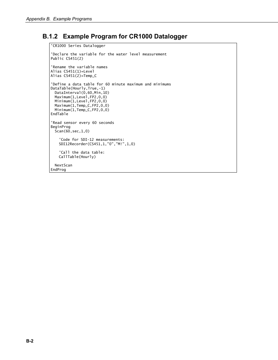 B.1.2 example program for cr1000 datalogger, B.1.2 | Campbell Scientific CS451/CS456 Pressure Transducer User Manual | Page 34 / 48