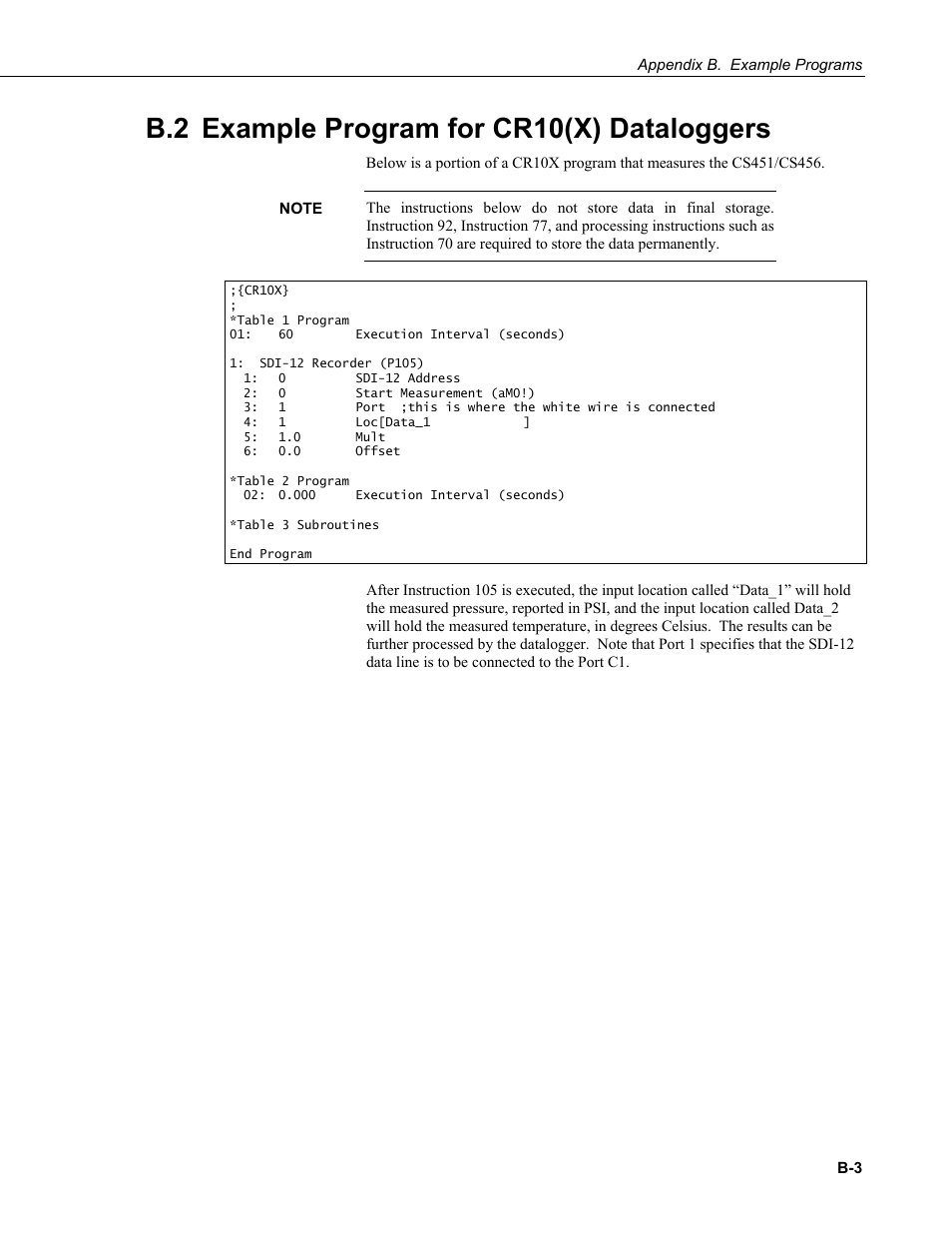 B.2 example program for cr10(x) dataloggers | Campbell Scientific CS451/CS456 Pressure Transducer User Manual | Page 35 / 48