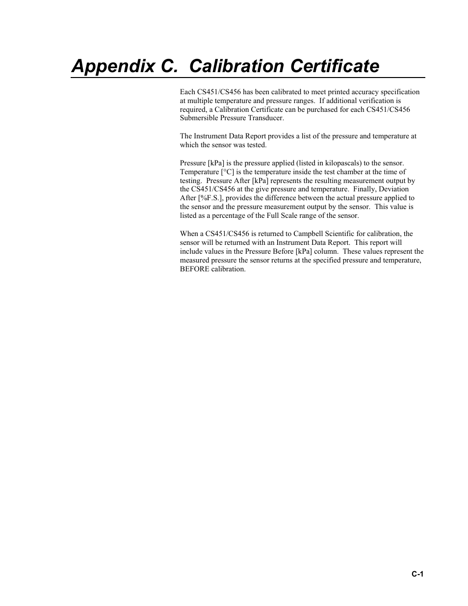 Appendix c. calibration certificate | Campbell Scientific CS451/CS456 Pressure Transducer User Manual | Page 37 / 48