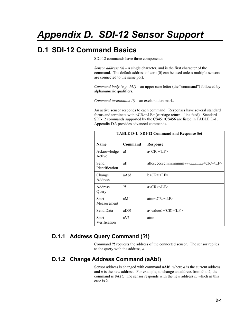 Appendix d. sdi-12 sensor support, D.1 sdi-12 command basics, D.1.1 address query command (?!) | D.1.2 change address command (aab!), D.1.1, D.1.2 | Campbell Scientific CS451/CS456 Pressure Transducer User Manual | Page 39 / 48