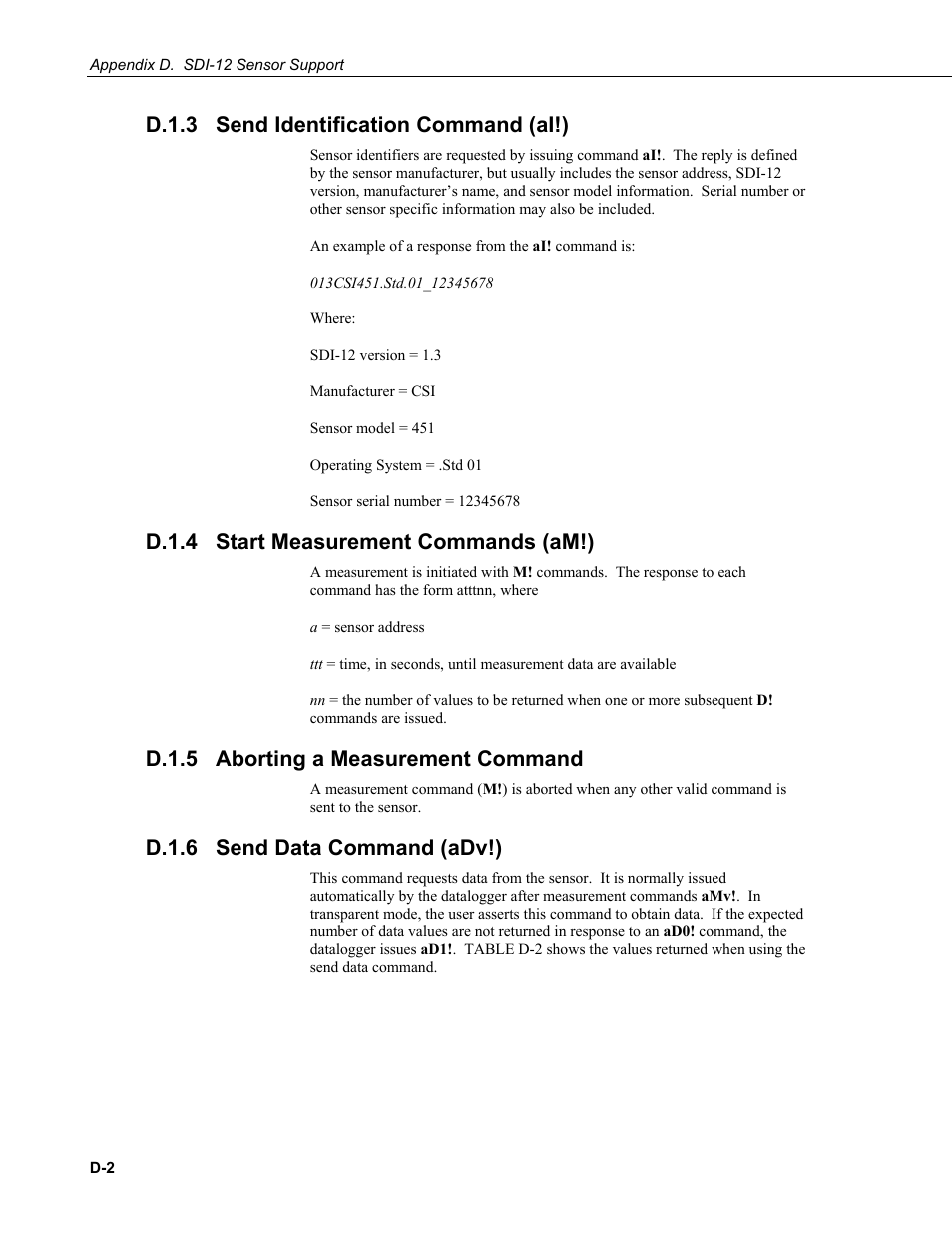 D.1.3 send identification command (ai!), D.1.4 start measurement commands (am!), D.1.5 aborting a measurement command | D.1.6 send data command (adv!), D.1.3, D.1.4, D.1.5, D.1.6 | Campbell Scientific CS451/CS456 Pressure Transducer User Manual | Page 40 / 48