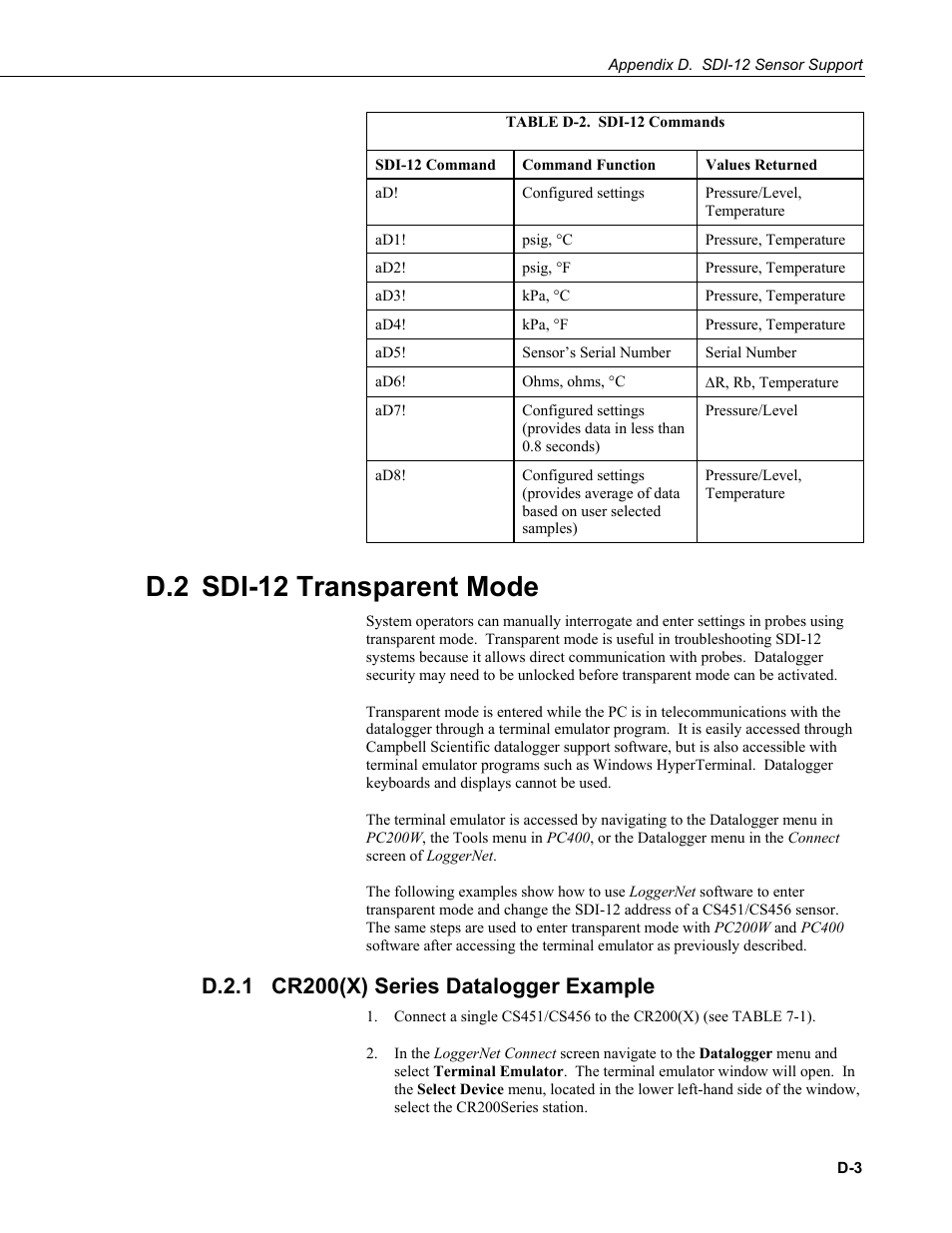 D.2 sdi-12 transparent mode, D.2.1 cr200(x) series datalogger example, D.2.1 | Campbell Scientific CS451/CS456 Pressure Transducer User Manual | Page 41 / 48