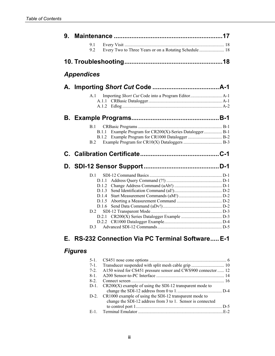 Maintenance, Troubleshooting, Appendices a | Figures | Campbell Scientific CS451/CS456 Pressure Transducer User Manual | Page 8 / 48