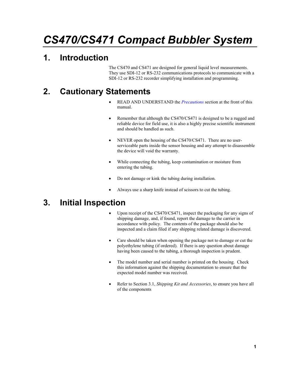 Introduction, Cautionary statements, Initial inspection | Campbell Scientific CS470/CS471 Compact Bubbler System User Manual | Page 11 / 46