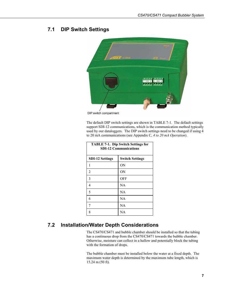 1 dip switch settings, 2 installation/water depth considerations, Dip switch settings | Installation/water depth considerations, 1. dip switch settings for sdi-12 communications | Campbell Scientific CS470/CS471 Compact Bubbler System User Manual | Page 17 / 46