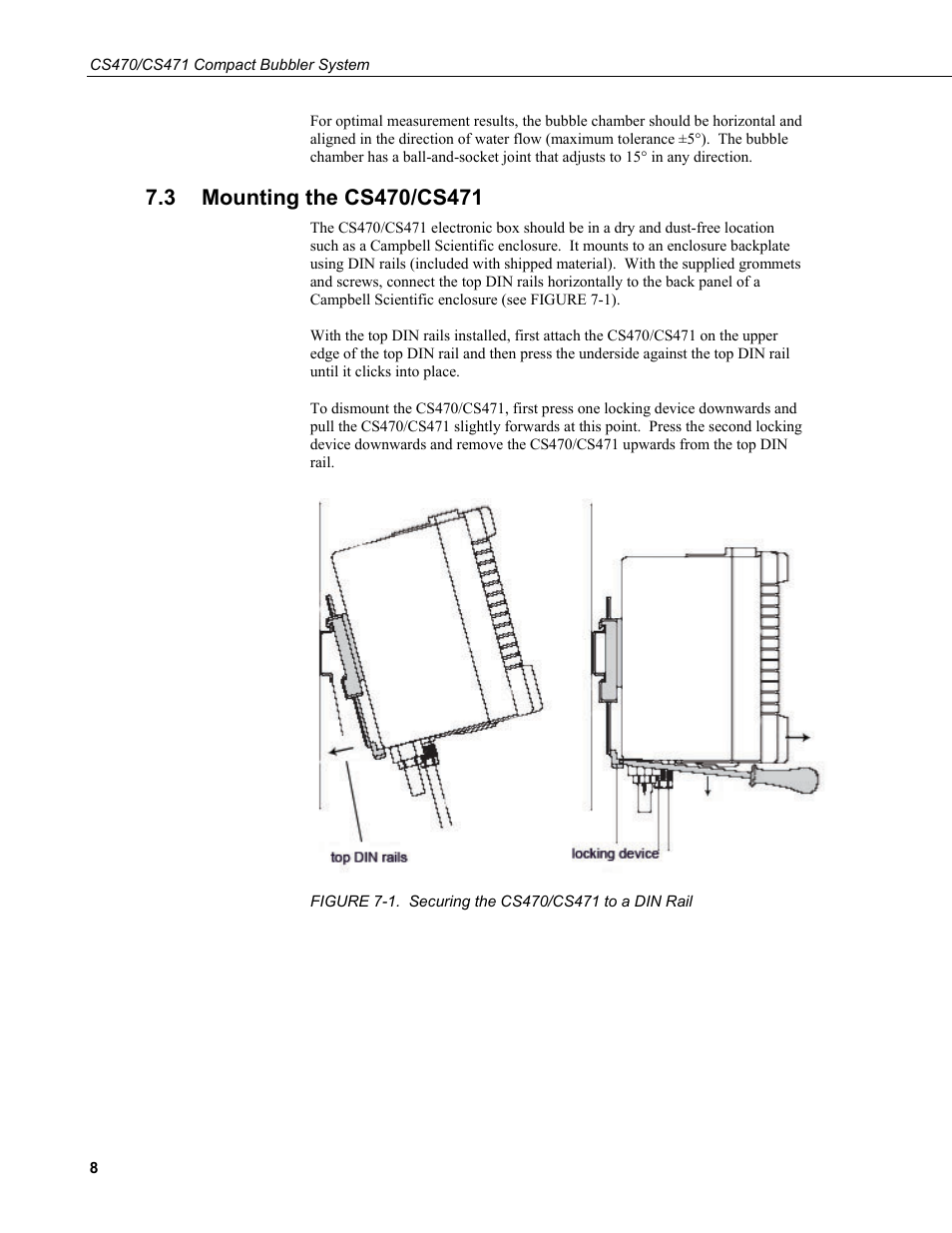 3 mounting the cs470/cs471, Mounting the cs470/cs471, 1. securing the cs470/cs471 to a din rail | Campbell Scientific CS470/CS471 Compact Bubbler System User Manual | Page 18 / 46