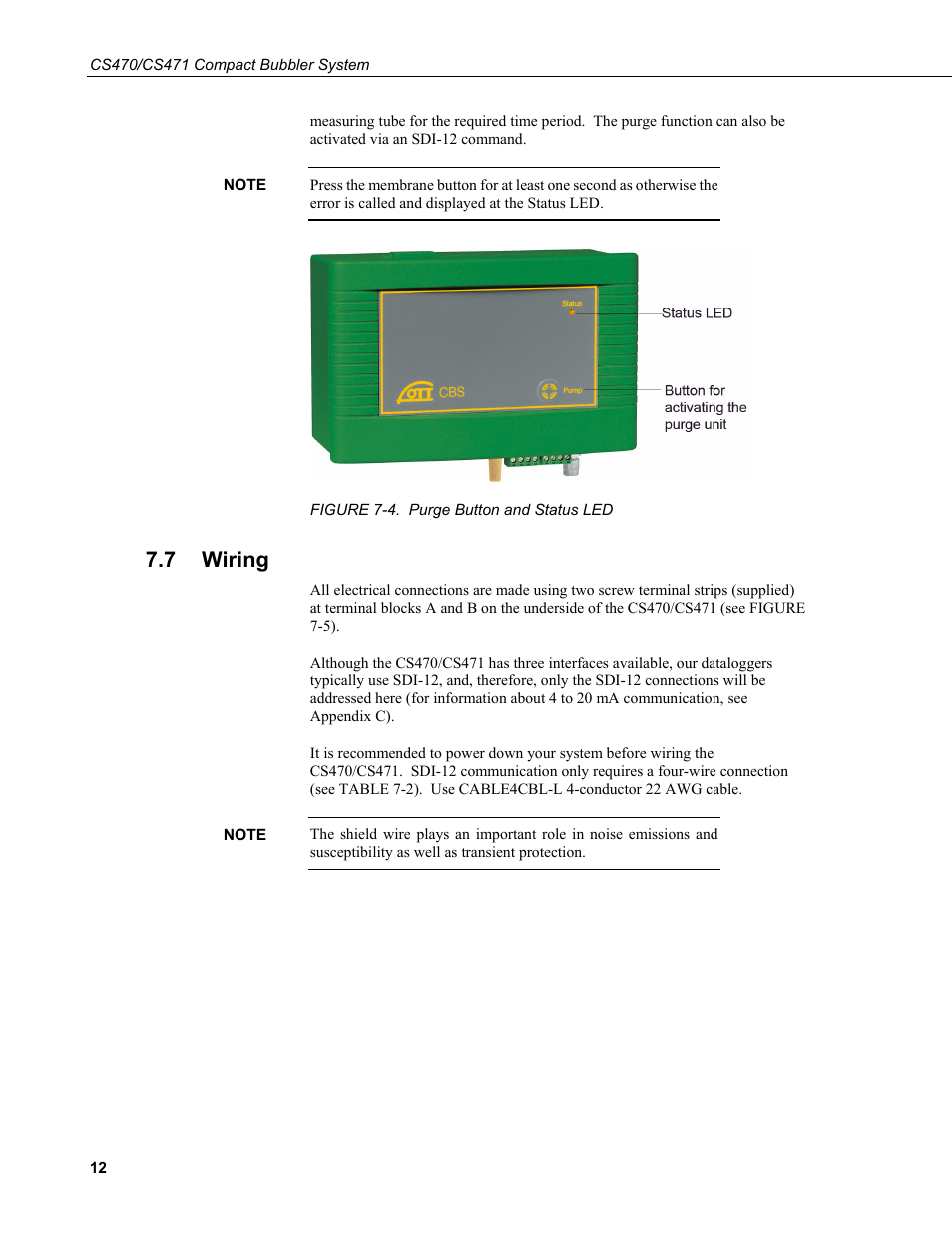 7 wiring, Wiring, 4. purge button and status led | Campbell Scientific CS470/CS471 Compact Bubbler System User Manual | Page 22 / 46