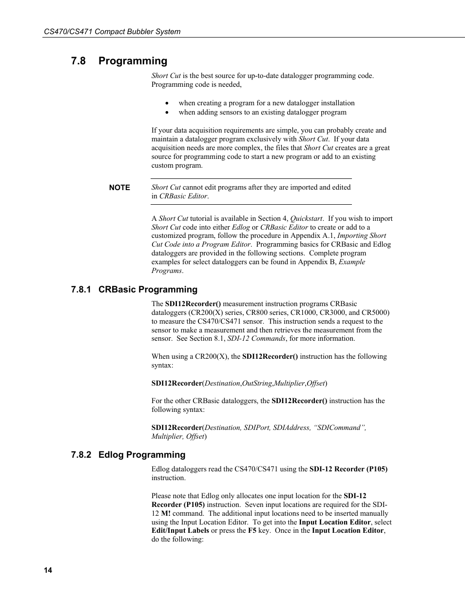 8 programming, 1 crbasic programming, 2 edlog programming | Programming, Crbasic programming, Edlog programming | Campbell Scientific CS470/CS471 Compact Bubbler System User Manual | Page 24 / 46