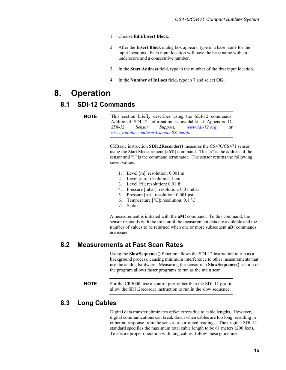 Operation, 1 sdi-12 commands, 2 measurements at fast scan rates | 3 long cables, Sdi-12 commands, Measurements at fast scan rates, Long cables | Campbell Scientific CS470/CS471 Compact Bubbler System User Manual | Page 25 / 46