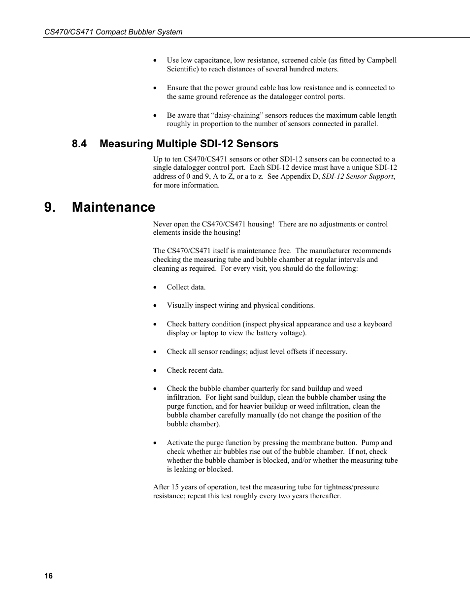 4 measuring multiple sdi-12 sensors, Maintenance, Measuring multiple sdi-12 sensors | Campbell Scientific CS470/CS471 Compact Bubbler System User Manual | Page 26 / 46