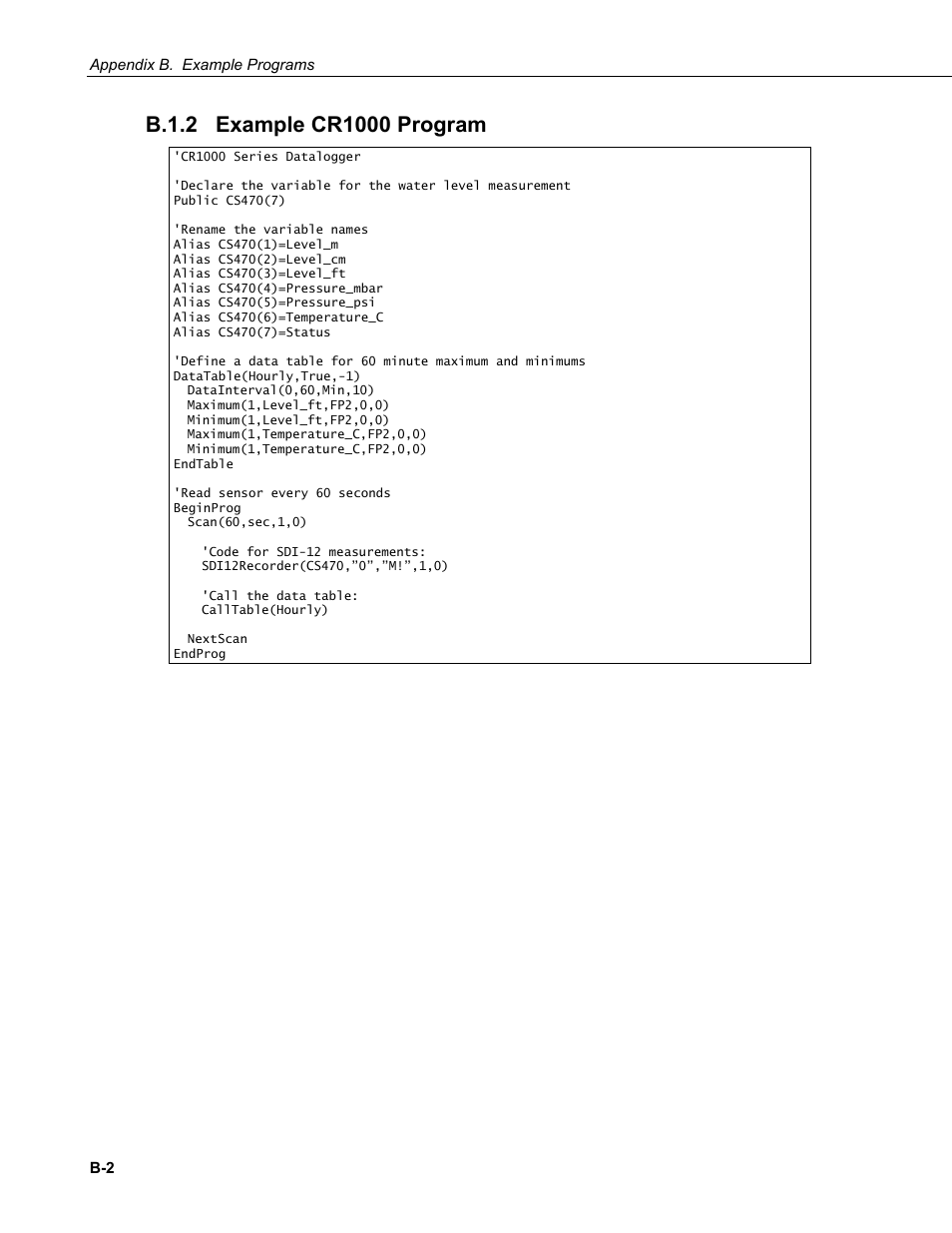 B.1.2 example cr1000 program, B.1.2 | Campbell Scientific CS470/CS471 Compact Bubbler System User Manual | Page 32 / 46