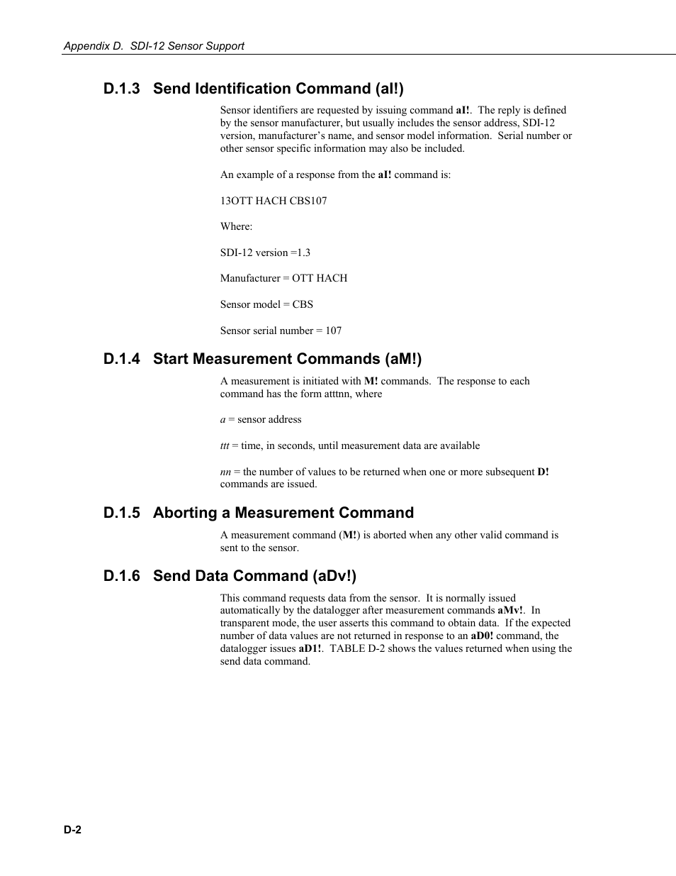 D.1.3 send identification command (ai!), D.1.4 start measurement commands (am!), D.1.5 aborting a measurement command | D.1.6 send data command (adv!), D.1.3, D.1.4, D.1.5, D.1.6 | Campbell Scientific CS470/CS471 Compact Bubbler System User Manual | Page 38 / 46