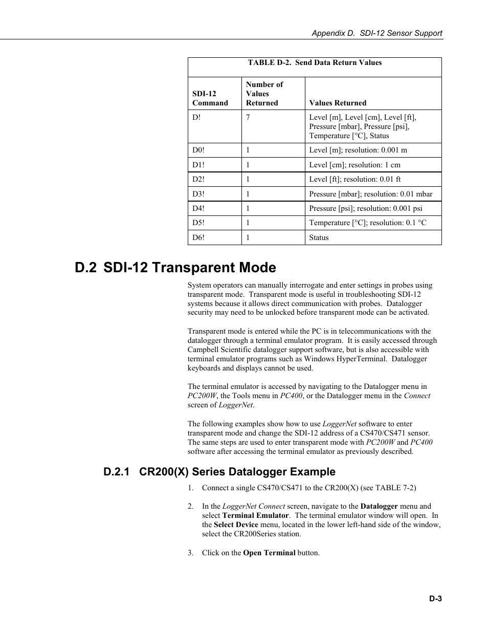 D.2 sdi-12 transparent mode, D.2.1 cr200(x) series datalogger example, D.2.1 | Campbell Scientific CS470/CS471 Compact Bubbler System User Manual | Page 39 / 46