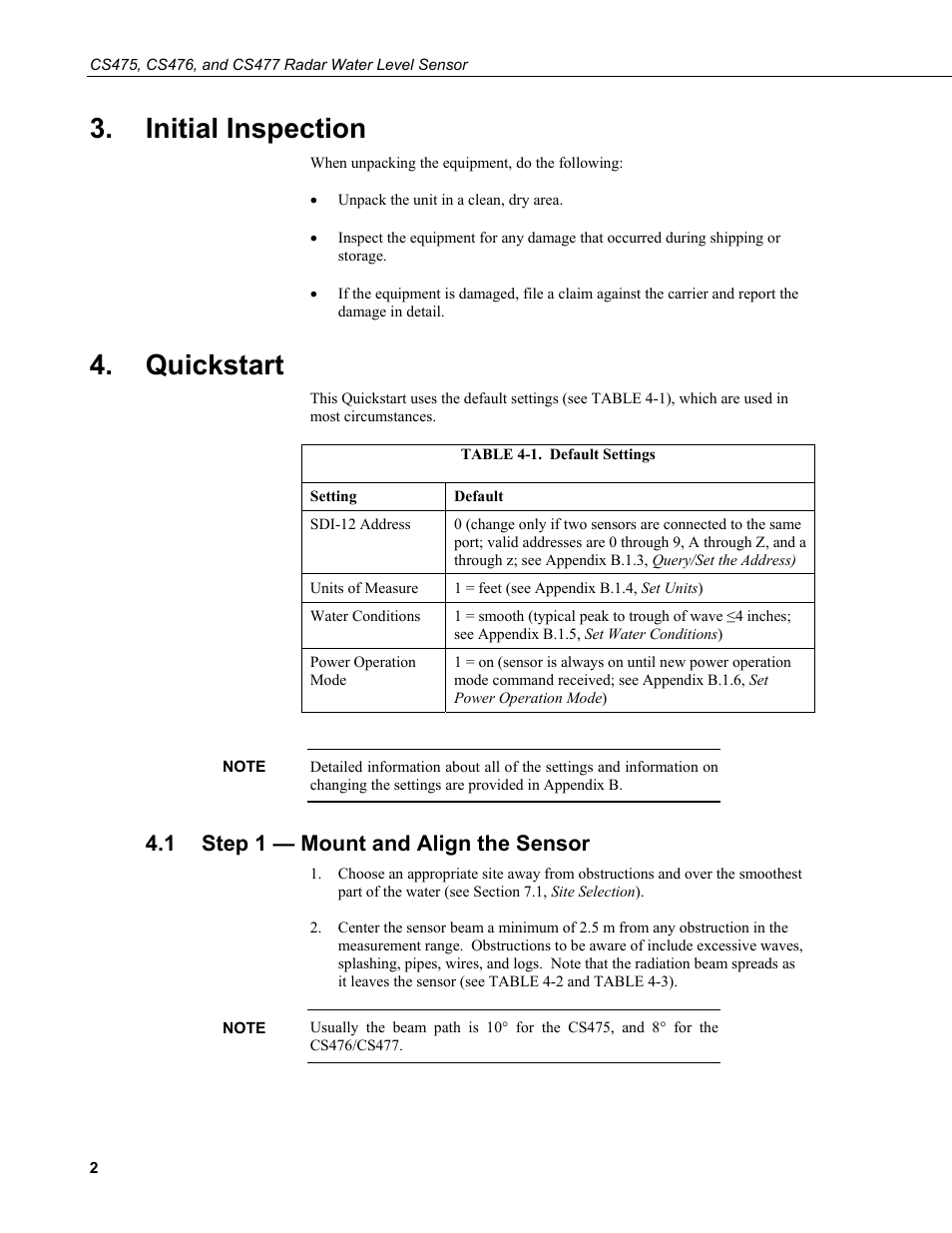 Initial inspection, Quickstart, 1 step 1 — mount and align the sensor | Step 1 — mount and align the sensor, 1. default settings | Campbell Scientific CS475, CS476, and CS477 Radar Water Level Sensor User Manual | Page 10 / 54