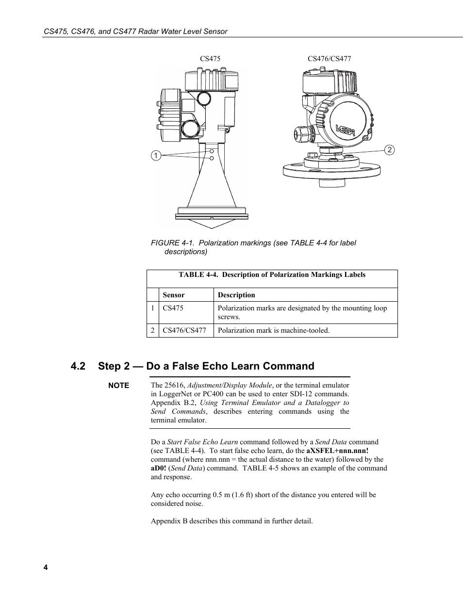 2 step 2 — do a false echo learn command, Step 2 — do a false echo learn command, 4. description of polarization markings labels | Campbell Scientific CS475, CS476, and CS477 Radar Water Level Sensor User Manual | Page 12 / 54