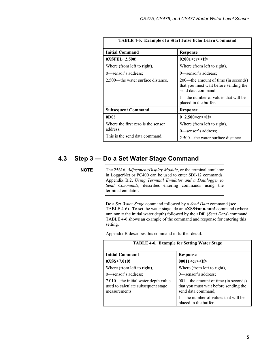 3 step 3 — do a set water stage command, Step 3 — do a set water stage command, 5. example of a start false echo learn command | 6. example for setting water stage, Table 4-5 | Campbell Scientific CS475, CS476, and CS477 Radar Water Level Sensor User Manual | Page 13 / 54