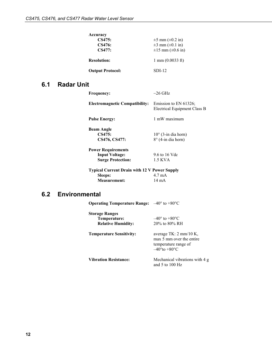 1 radar unit, 2 environmental, Radar unit | Environmental | Campbell Scientific CS475, CS476, and CS477 Radar Water Level Sensor User Manual | Page 20 / 54